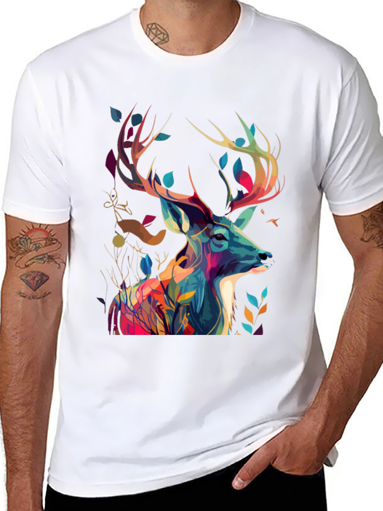 Black Artistic Deer Graphic Tee - Black Cotton Blend view 8