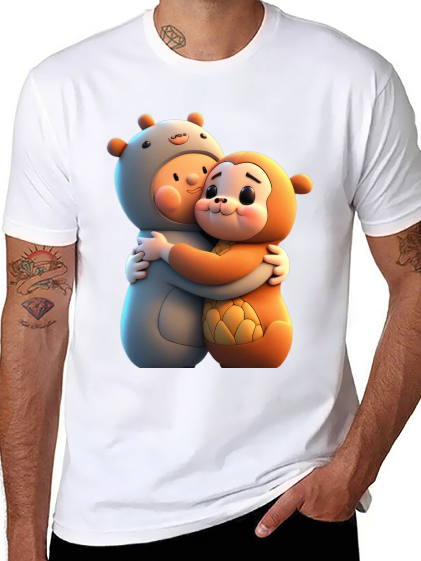 Black Cute Cartoon Character Hug Graphic Tee view 8