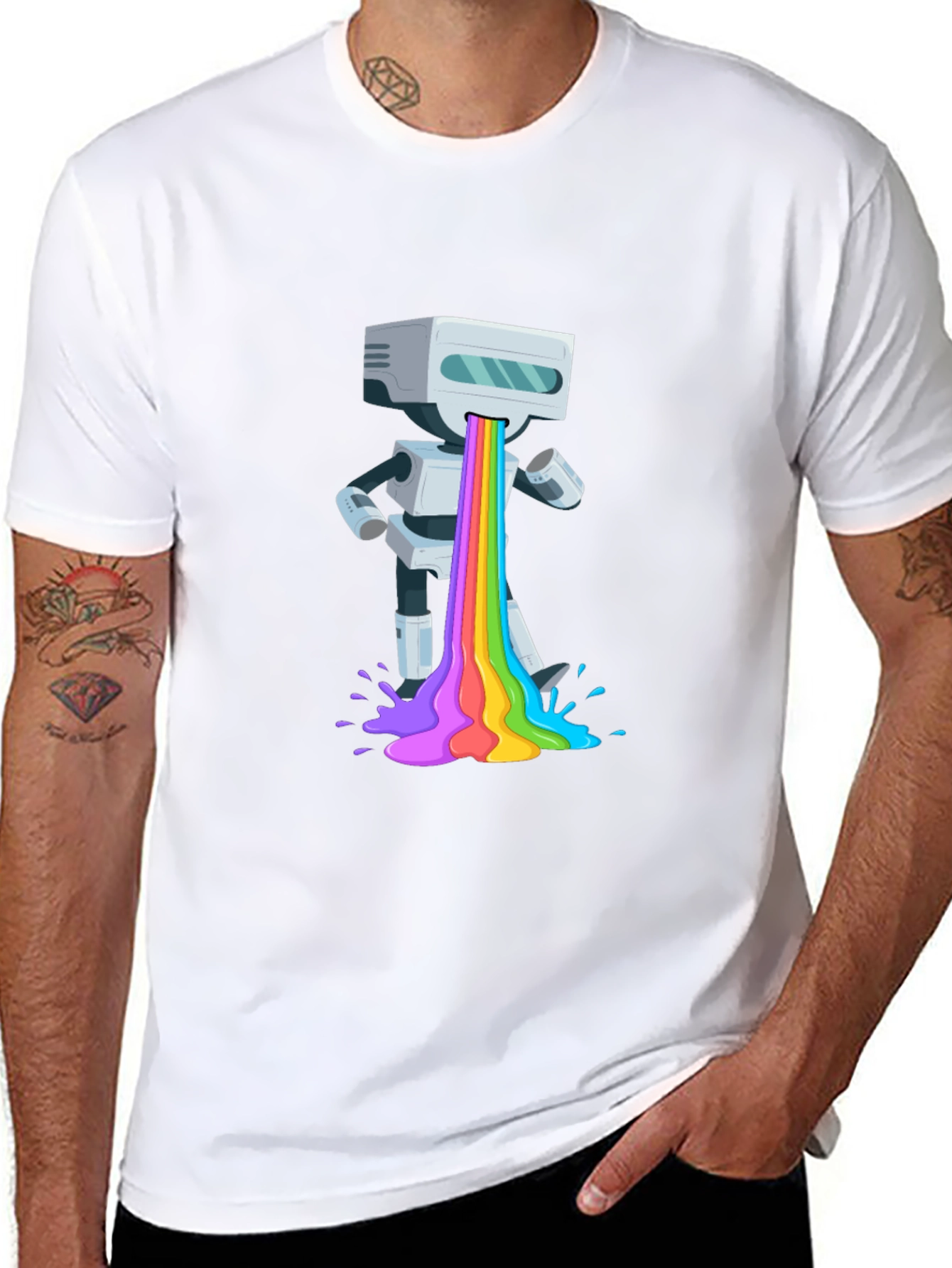 Black Robot Rainbow Puke Graphic T-Shirt view 8