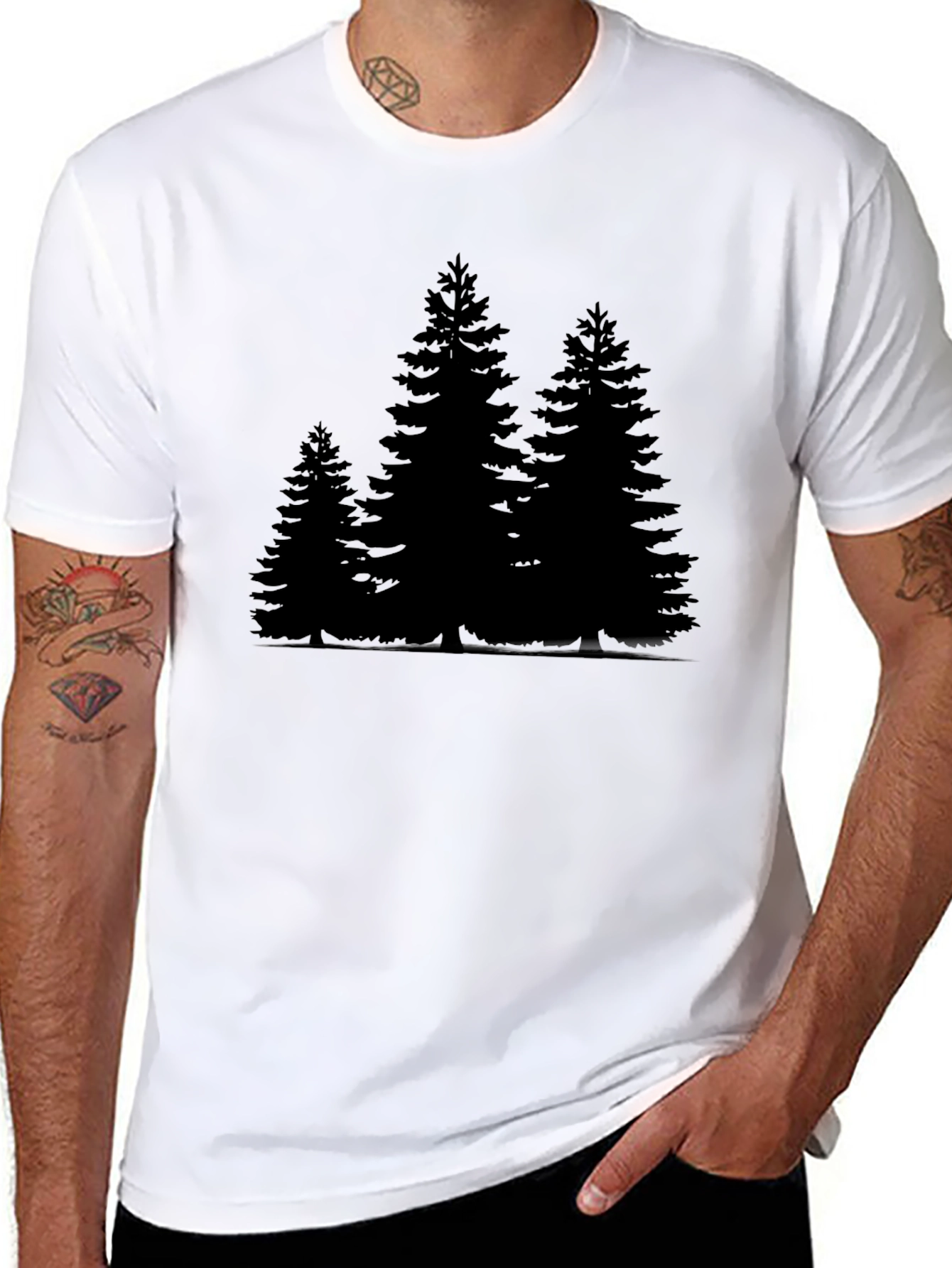 Black Men's Black T-Shirt with Forest Print view 8