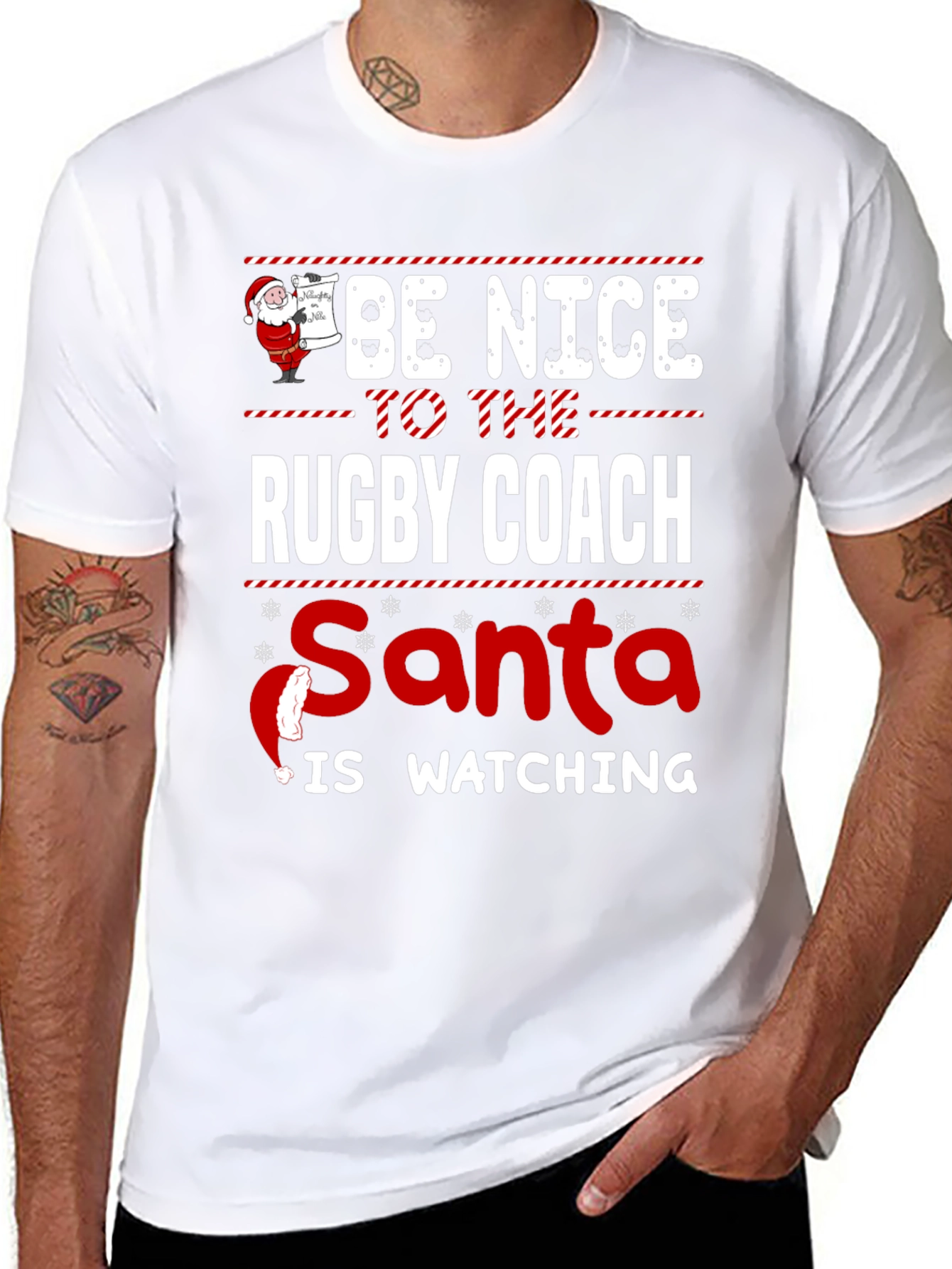 Black Be Nice to The Rugby Coach Santa is Watching T-Shirt view 8