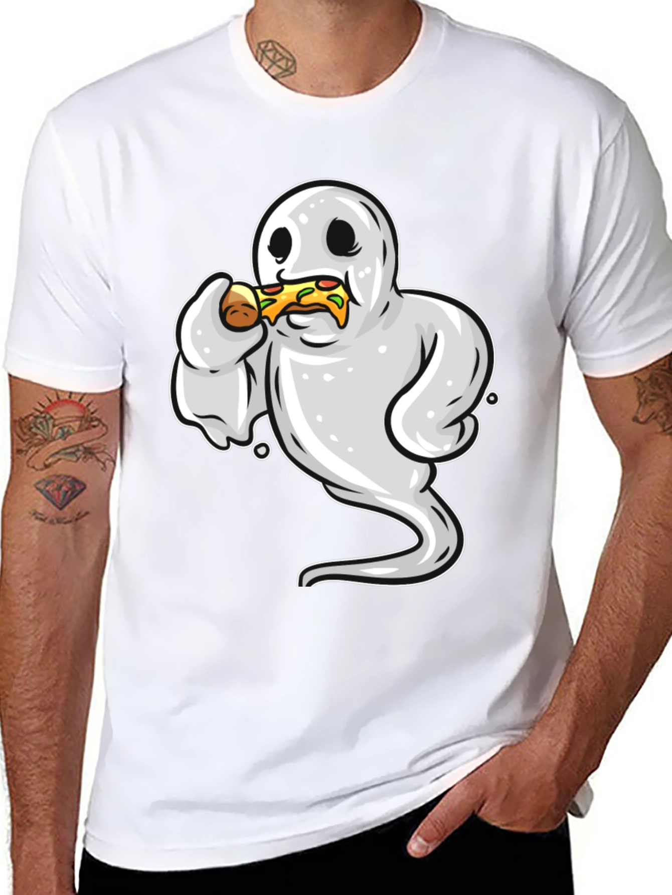 Black Ghost Eating Pizza Funny Graphic Tee view 8