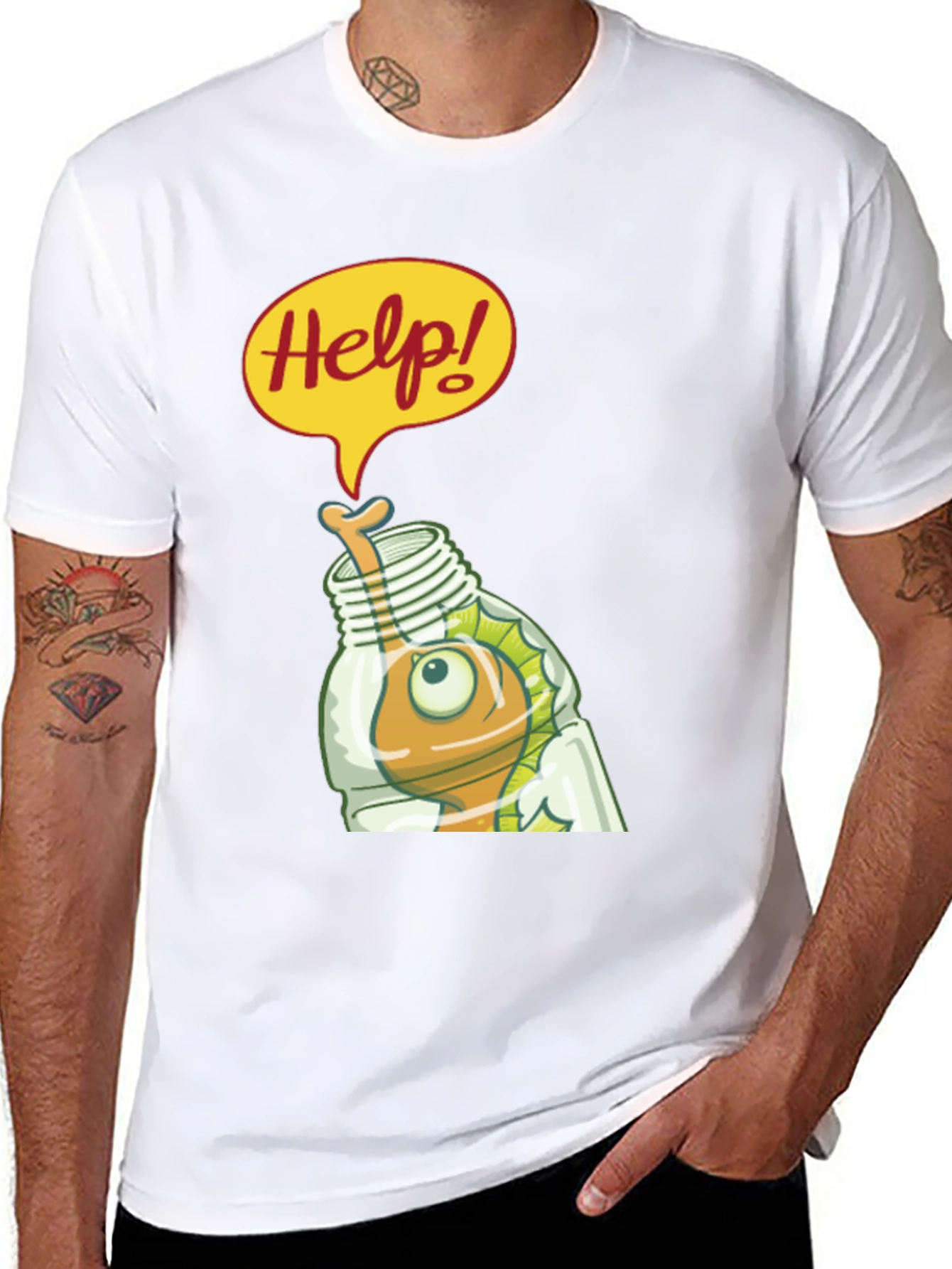 Black Help! Cartoon Fish in Bottle Graphic T-Shirt view 8