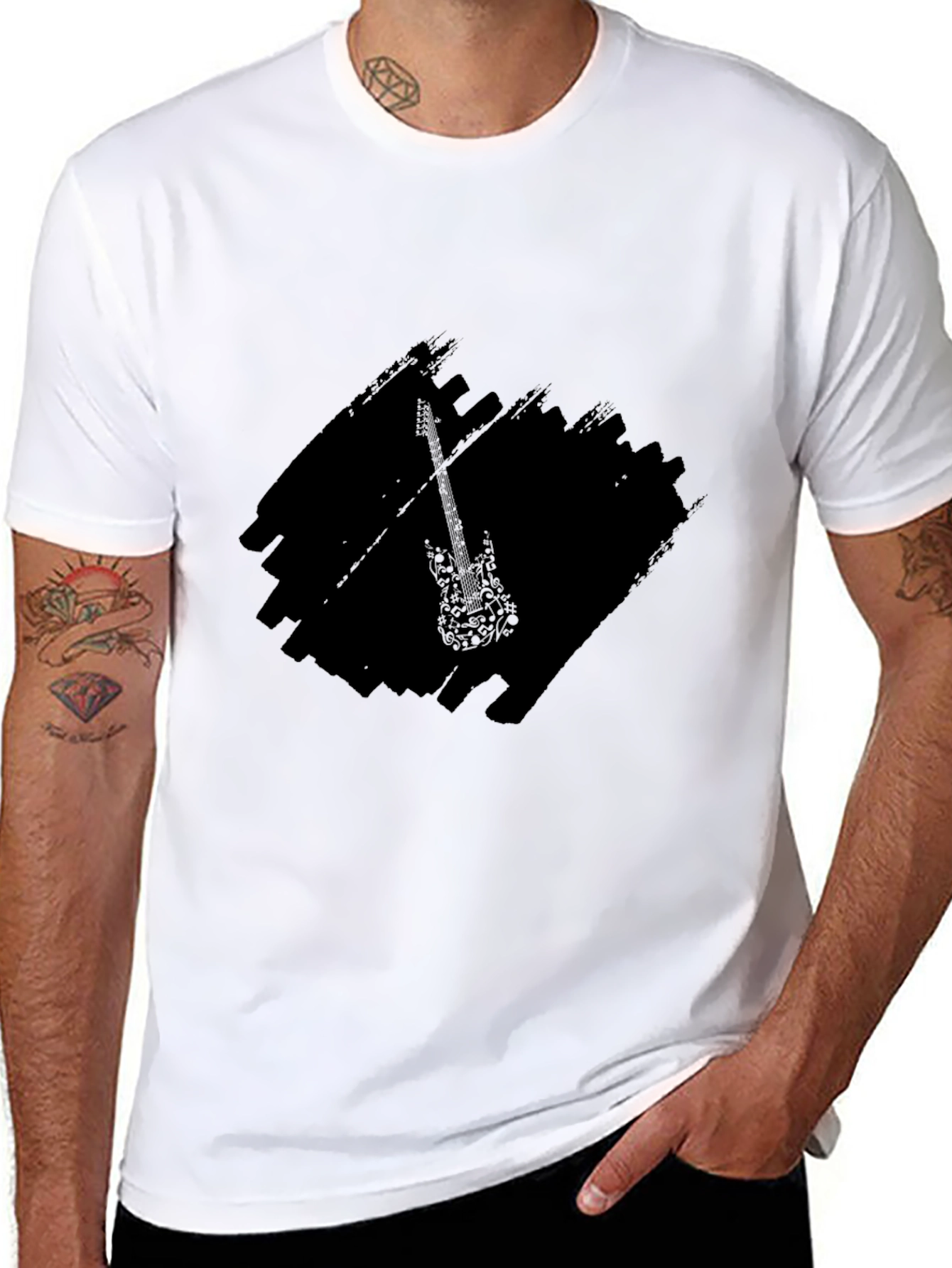 Black Black Graphic Tee with Guitar Design view 8