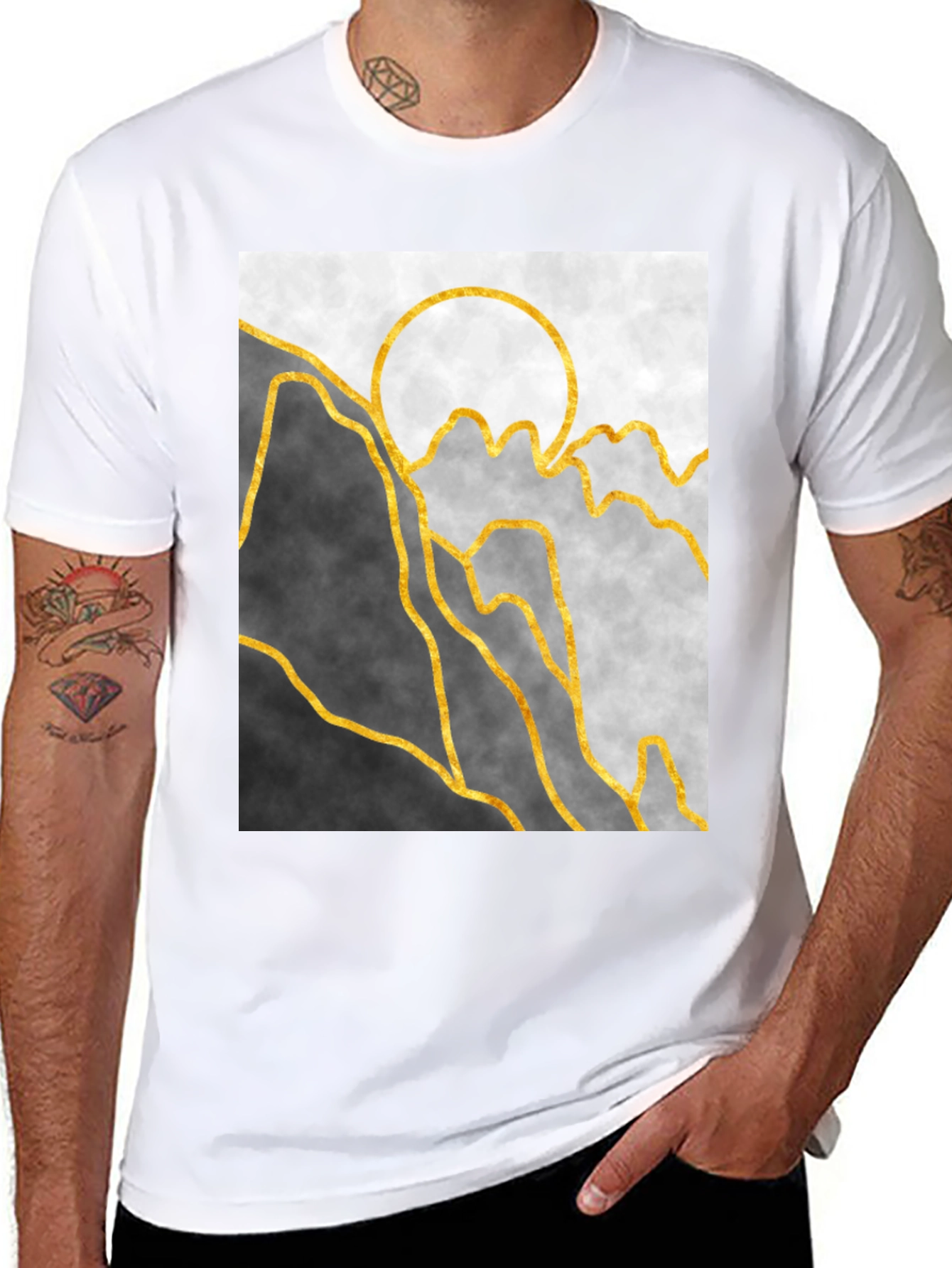 Black Abstract Mountain & Sun Graphic Tee view 8