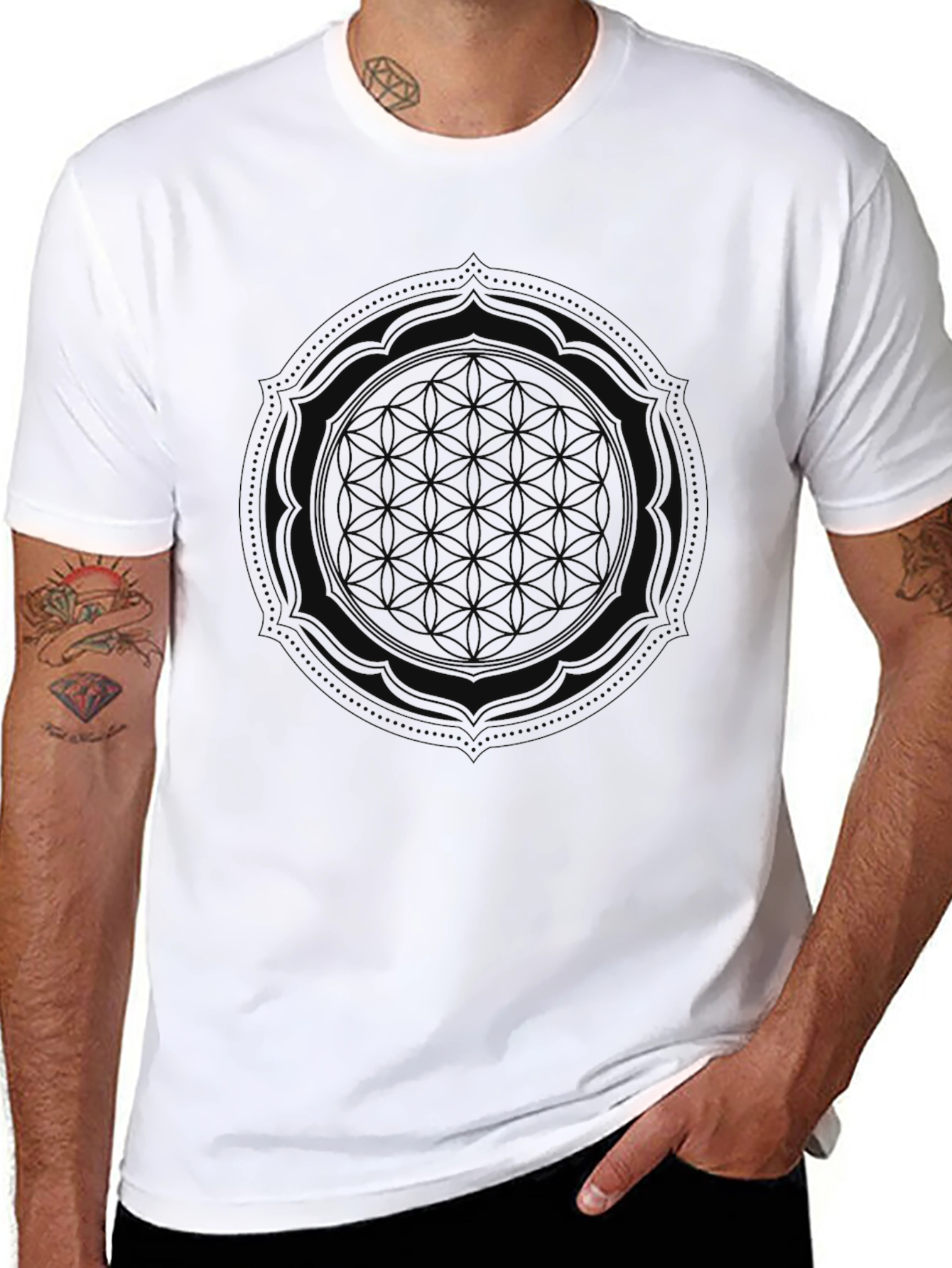 Black Men's Black Graphic Tee - Flower of Life Design view 8