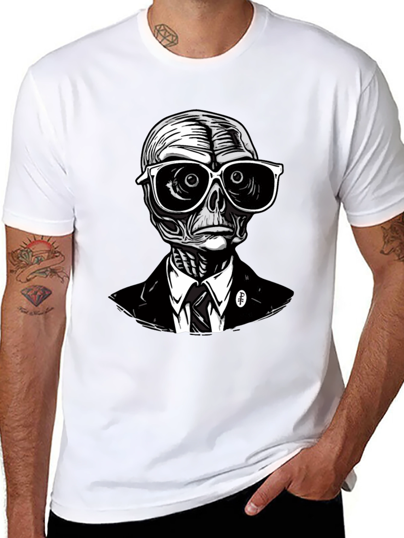 Black Skeleton in Suit Graphic Tee - Unique Design view 8