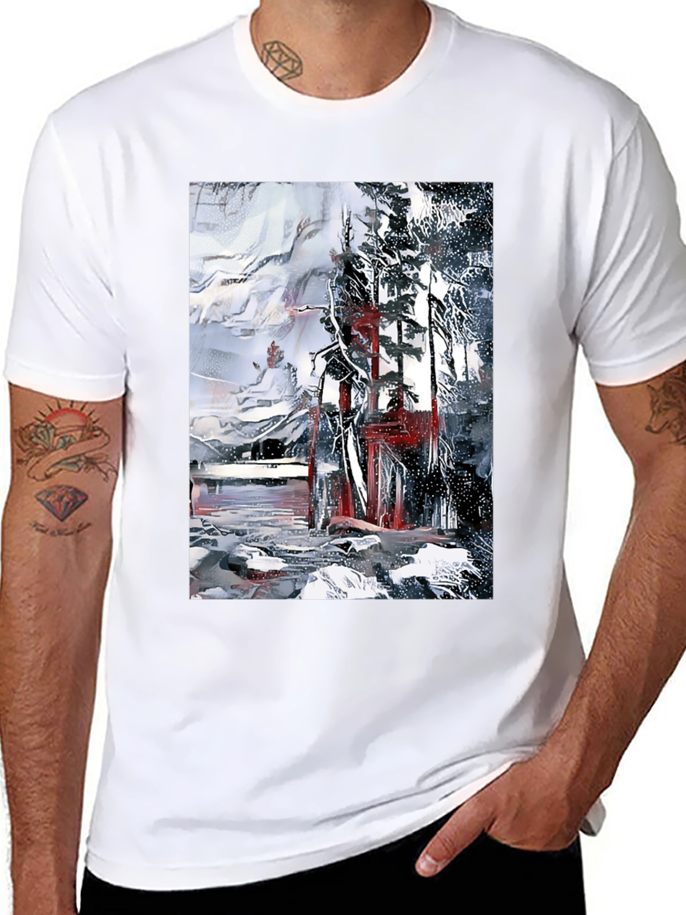 Black Abstract Winter Scene Black T-Shirt view 8