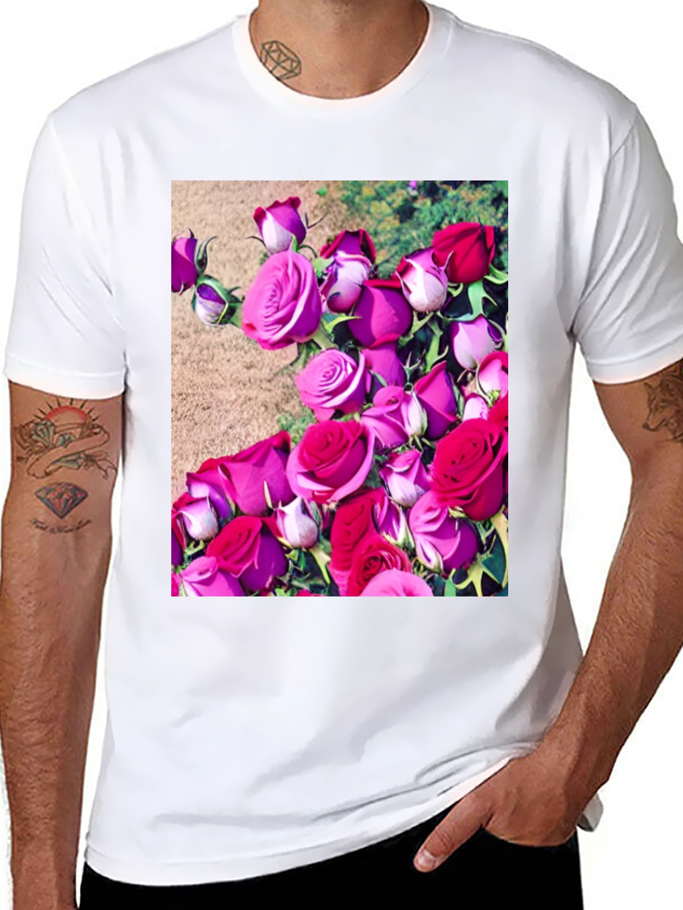 Black Floral Print T-Shirt: Roses Graphic Tee view 8