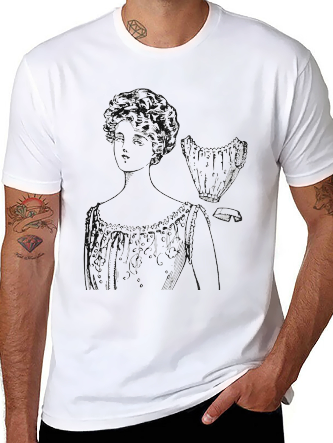 Black Vintage Sketch Tee - Elegant Woman's Portrait view 8