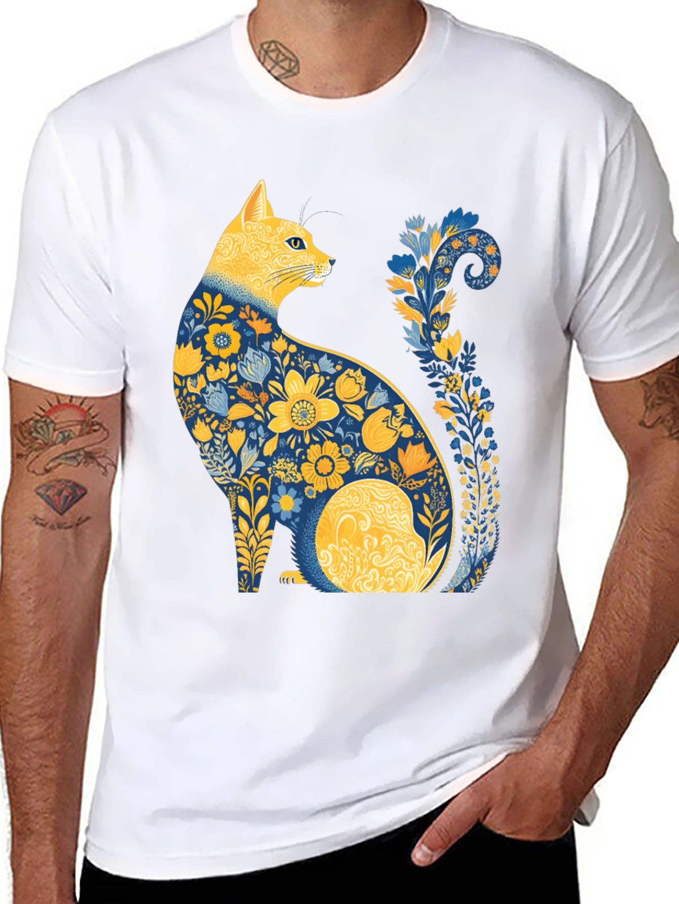 Black Floral Cat T-Shirt - Unique Artistic Design view 8