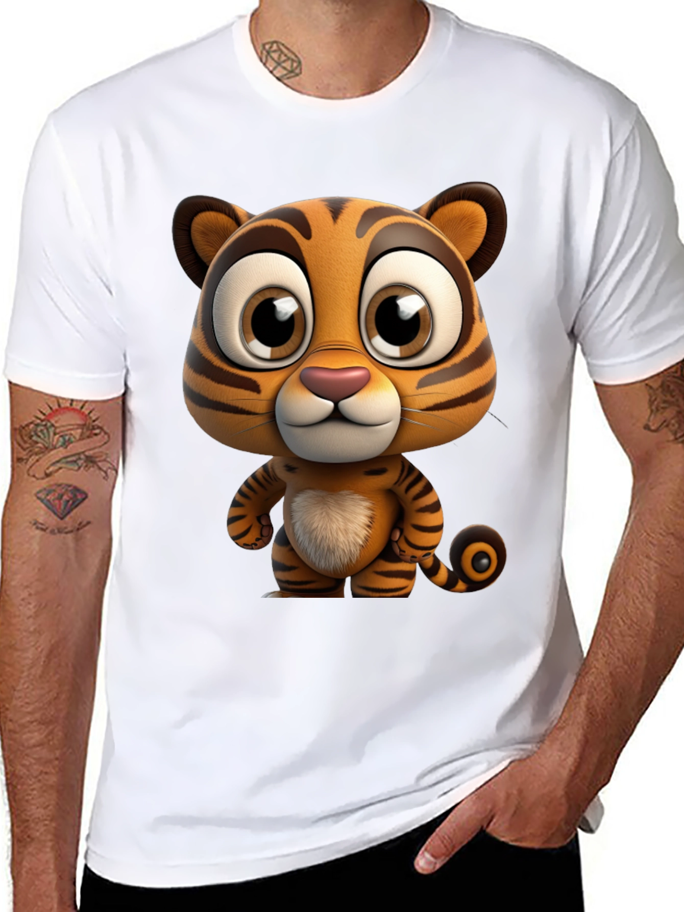 Black Cartoon Tiger Graphic Tee - Soft Black Cotton T-Shirt view 8