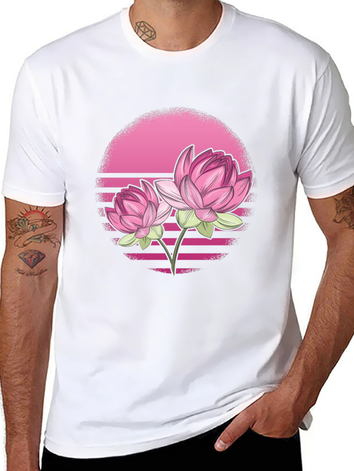 Black Pink Lotus Flower Graphic T-Shirt - Black view 8