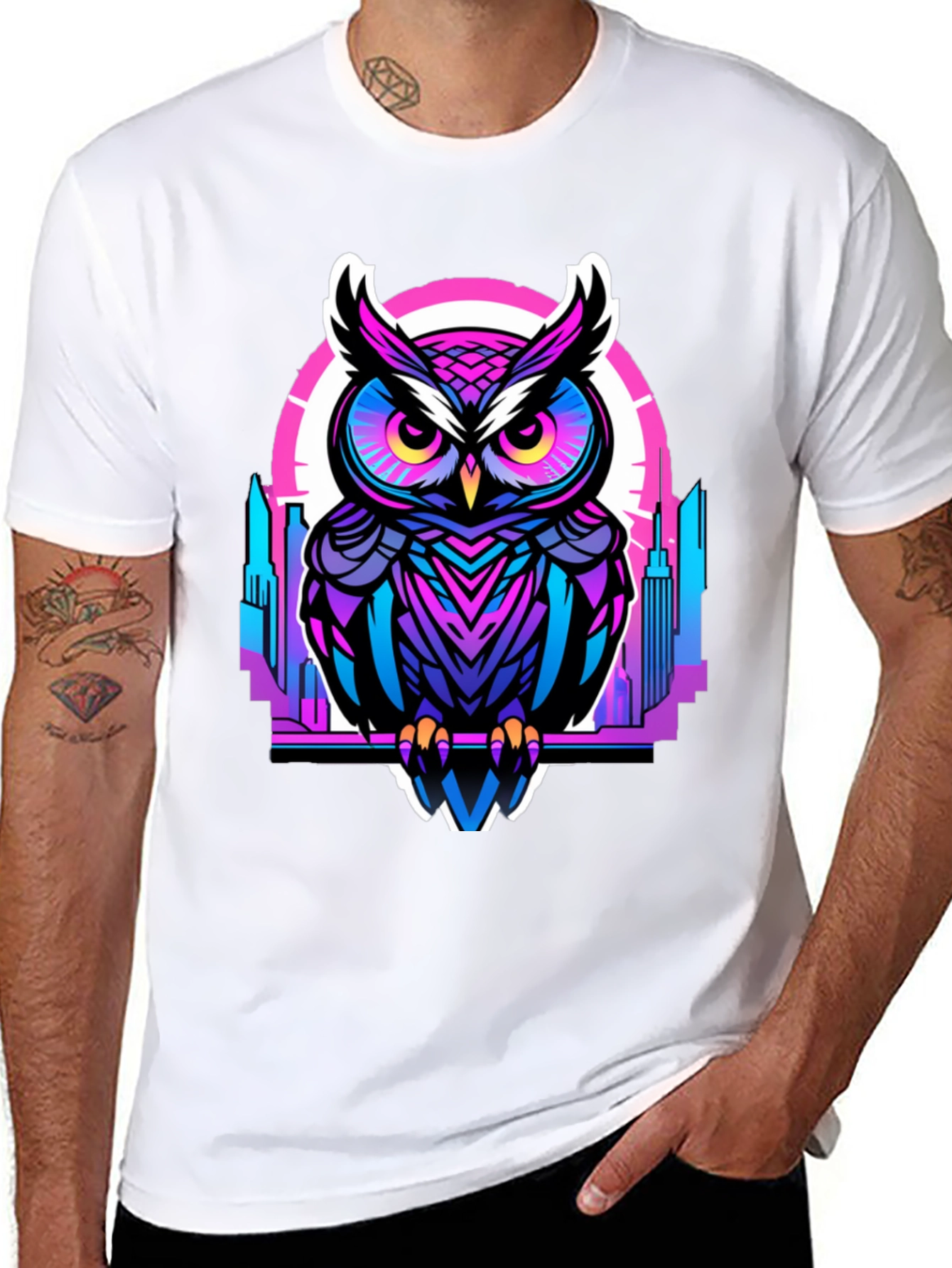 Black Cyberpunk Owl Graphic Tee - Men's Black T-Shirt view 8