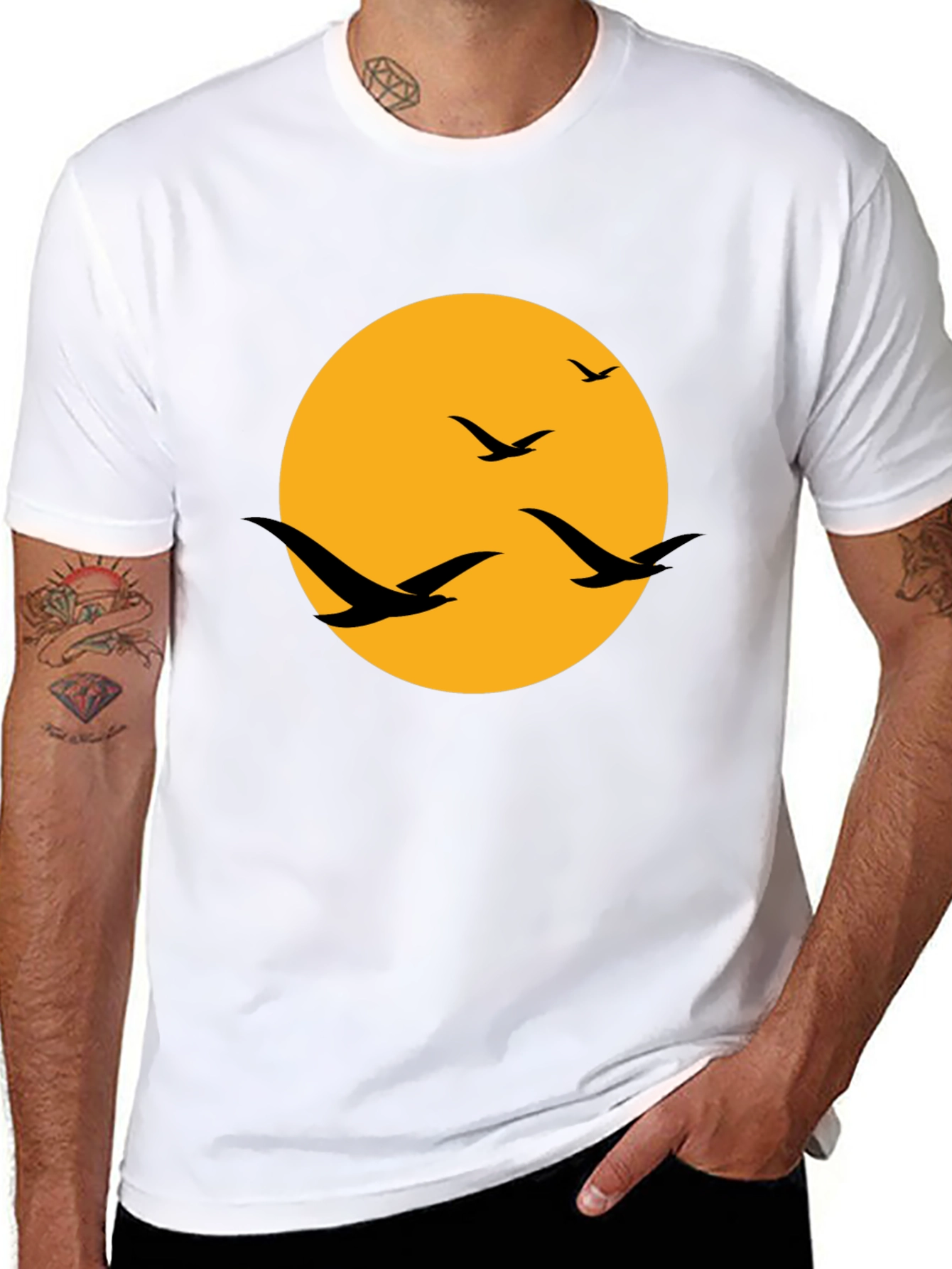 Black Men's Black T-Shirt with Birds and Moon Design view 8