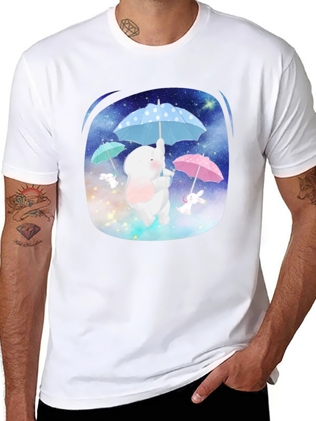 Black Cute Elephant & Bunny Tee - Dreamy Design view 8