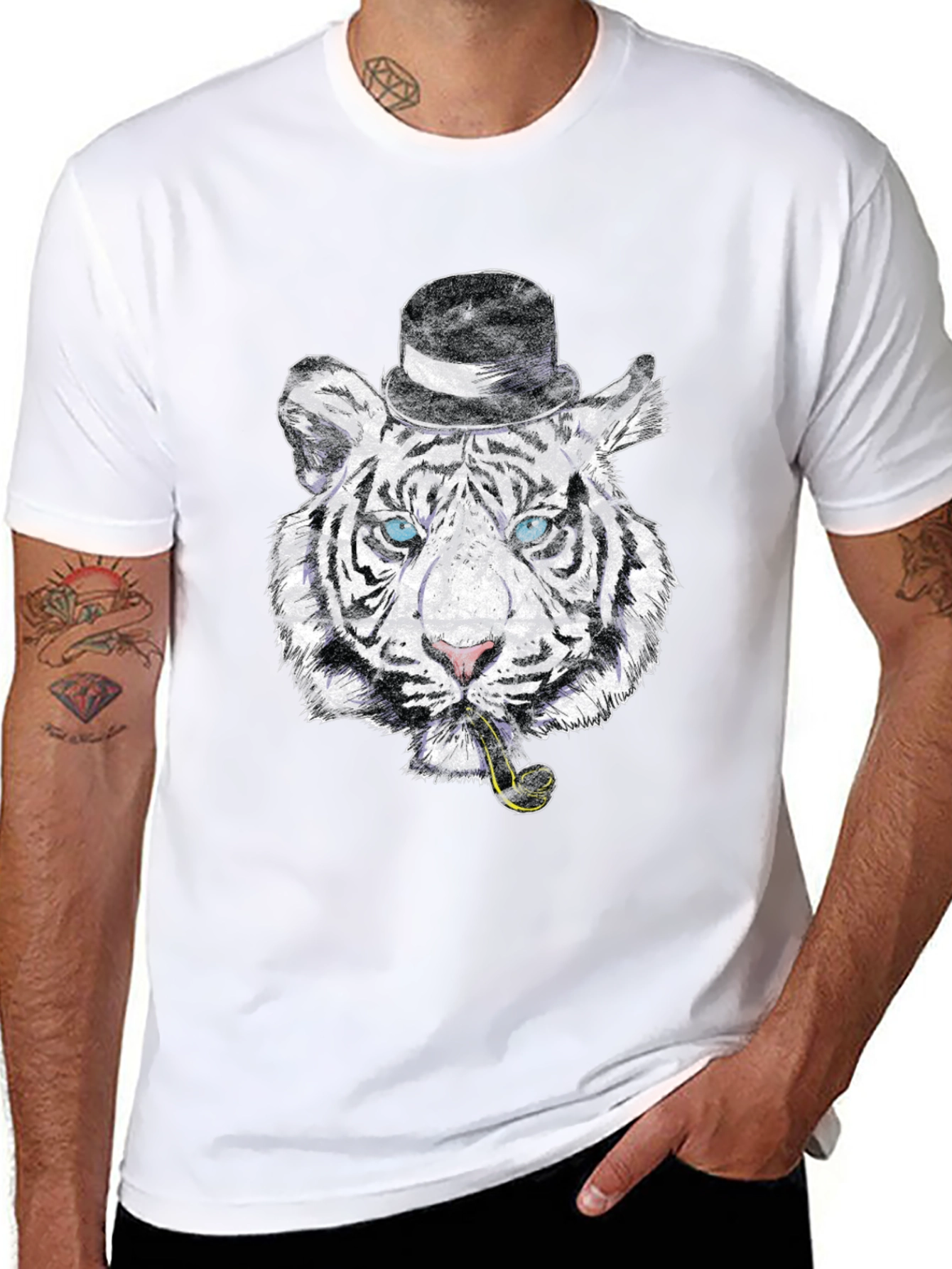 Black Tiger with Hat & Pipe Black Graphic Tee view 8