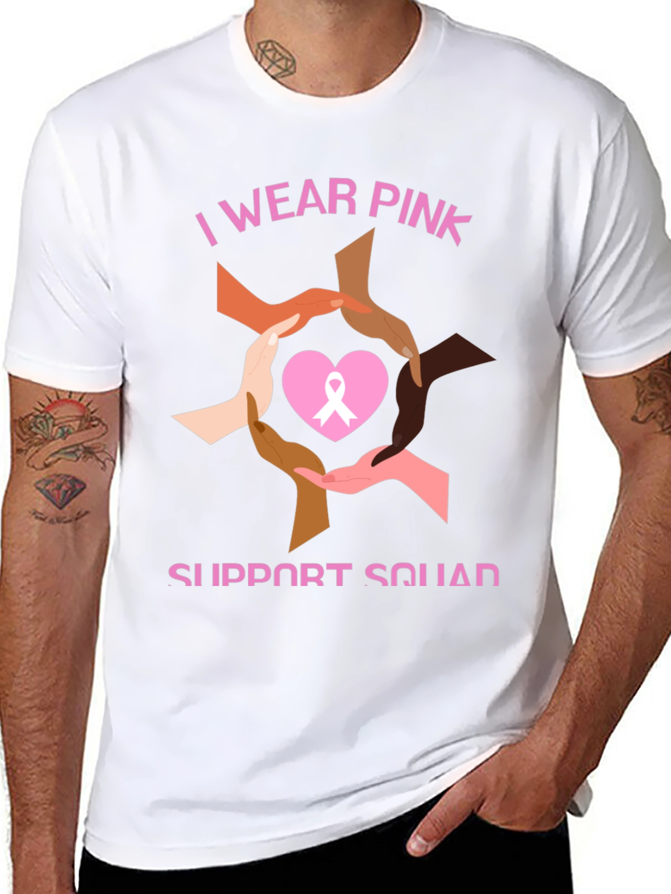 Black I Wear Pink Breast Cancer Support T-Shirt view 8