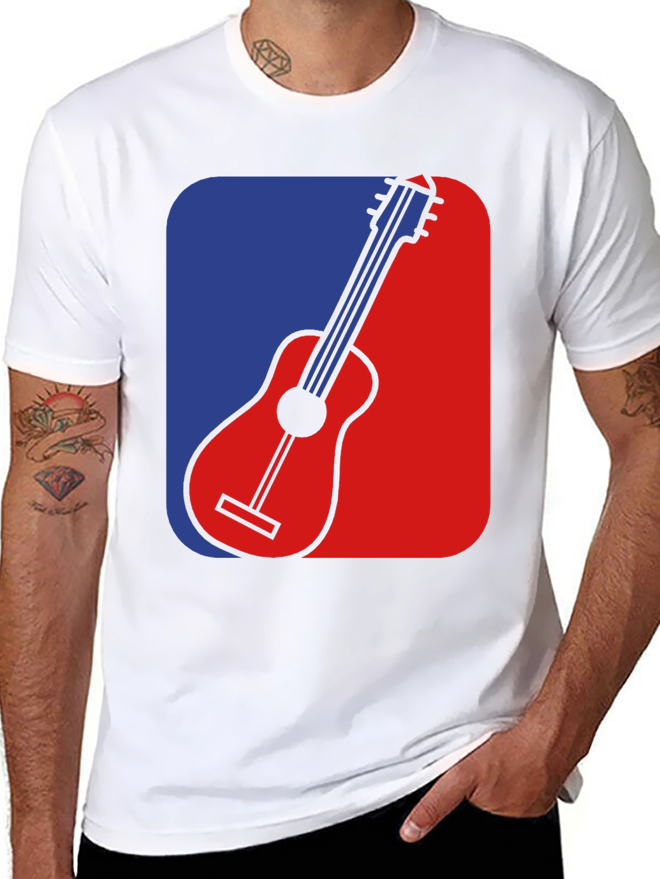 Black Guitar Graphic Tee - Blue & Red Design, Black T-Shirt view 8