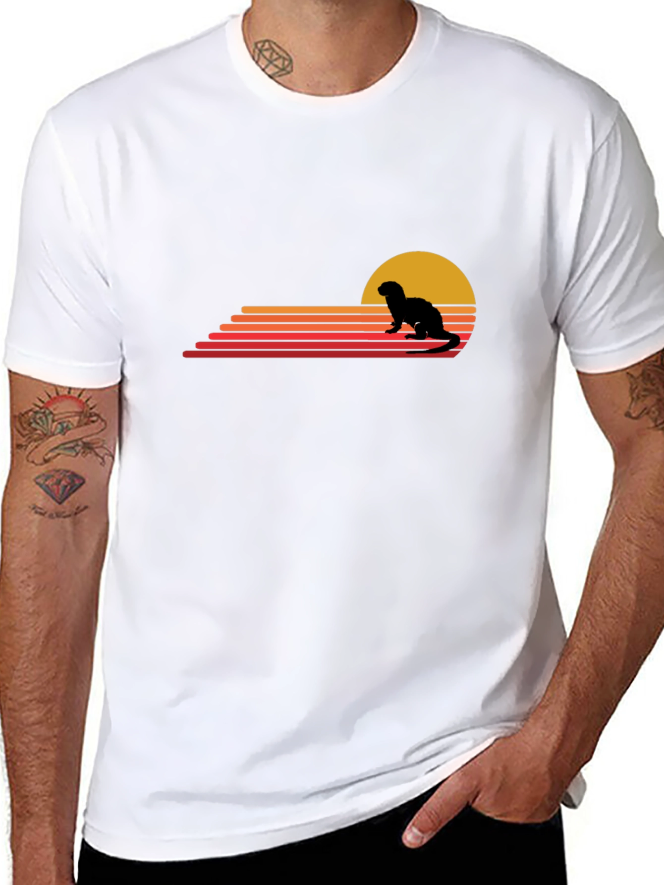 Black Retro Otter Sunset Graphic T-Shirt view 8