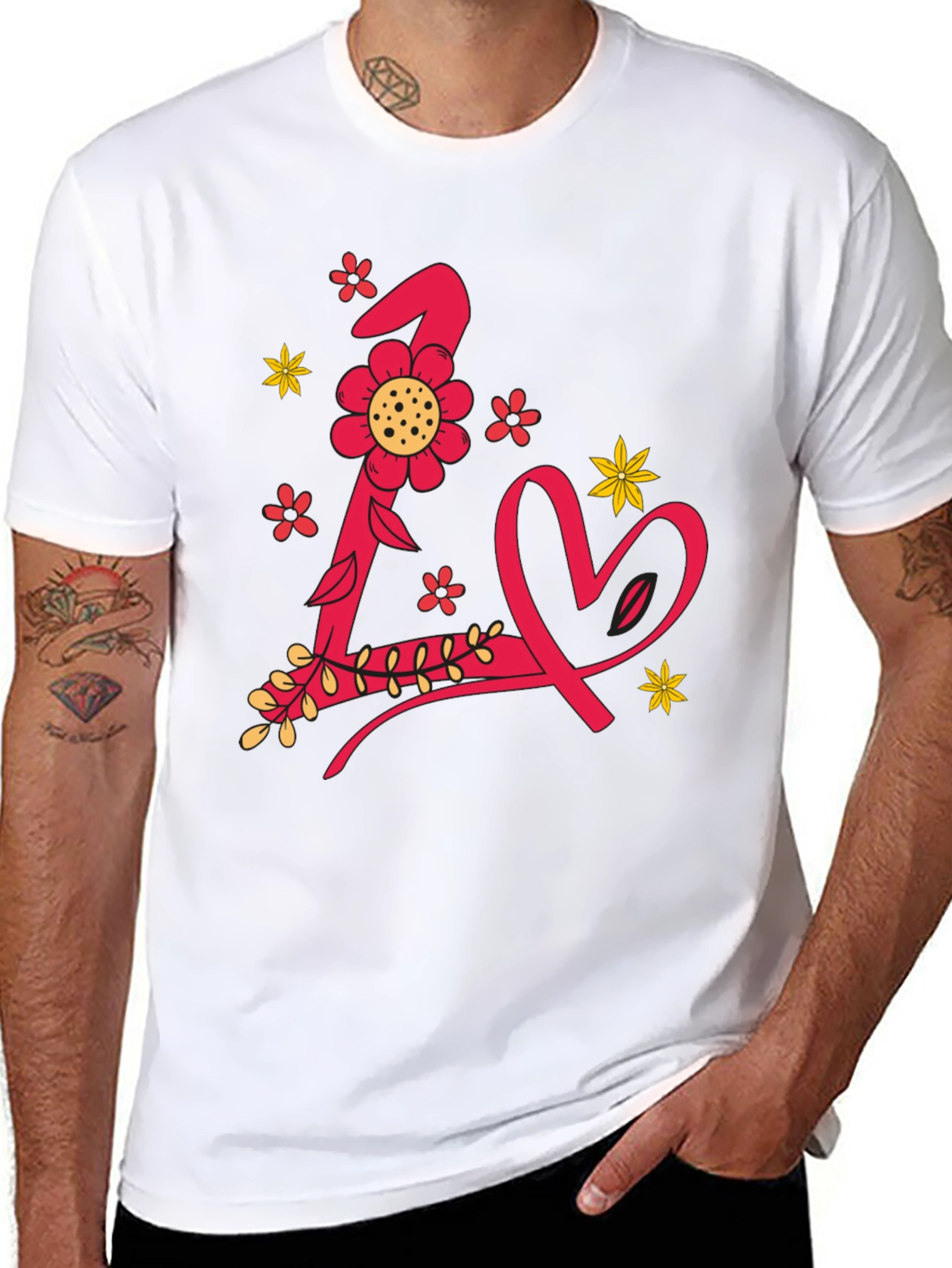 Black Floral Letter L Love Heart Black Graphic Tee view 8