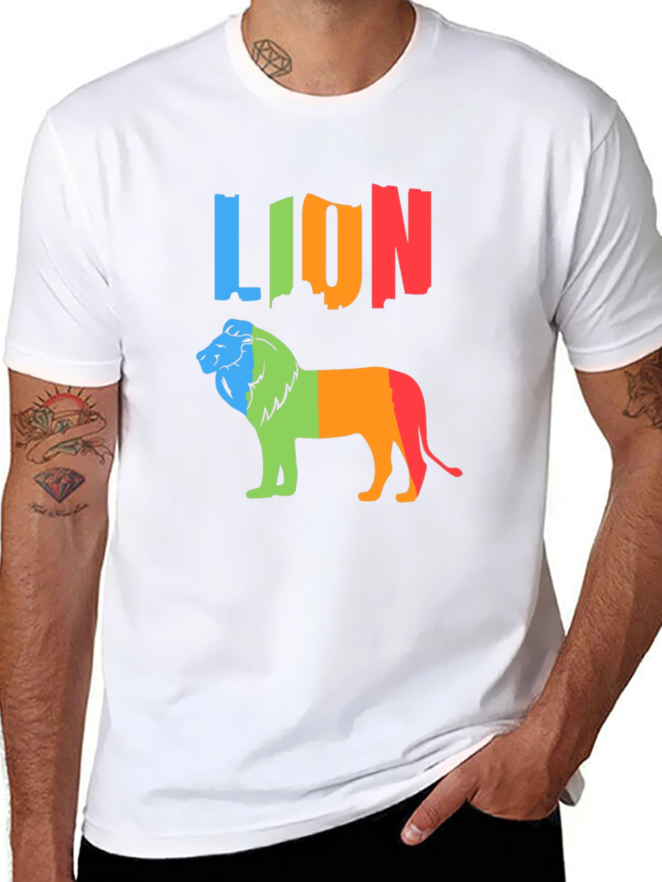 Black Colorful Lion Graphic Tee - Black Crewneck T-Shirt view 8