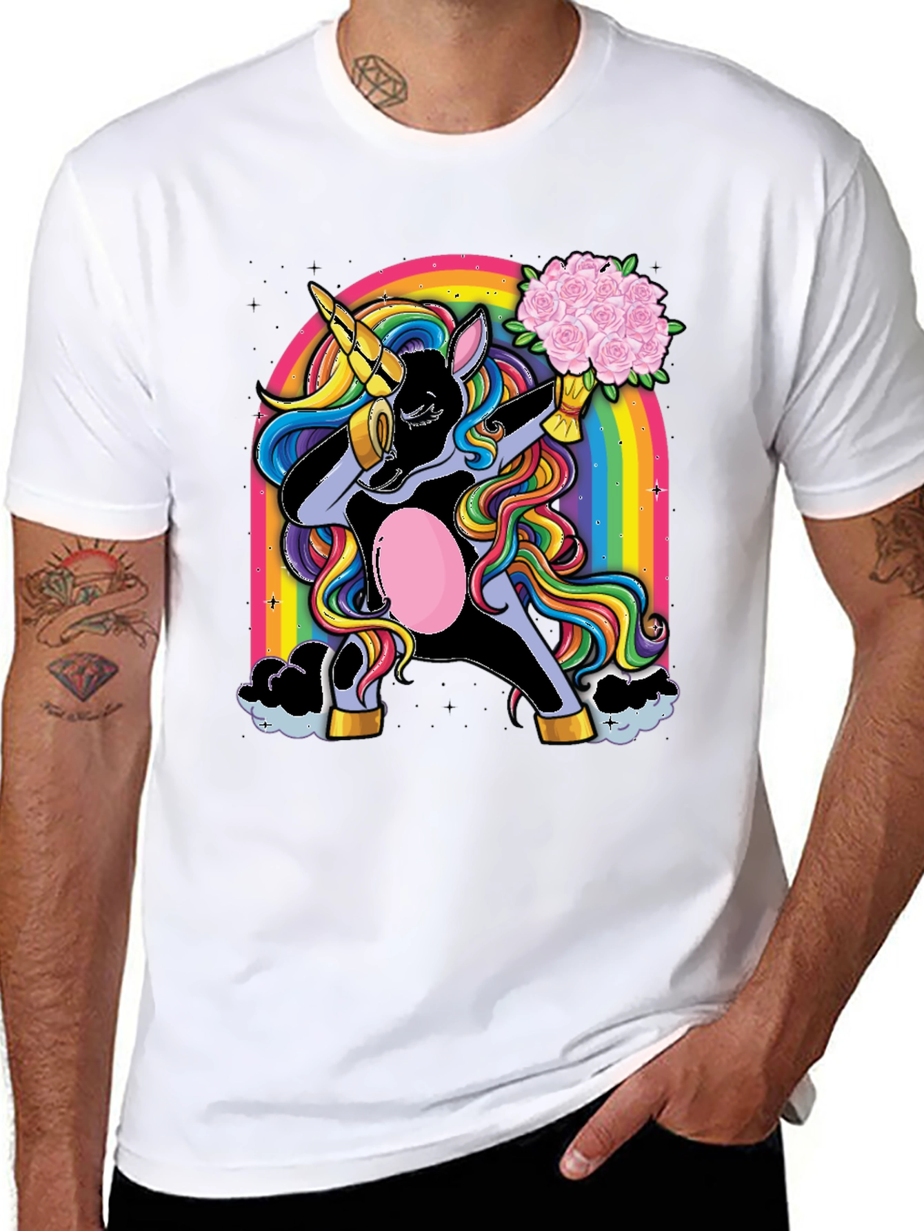 Black Dabbing Unicorn T-Shirt - Rainbow & Flowers view 8