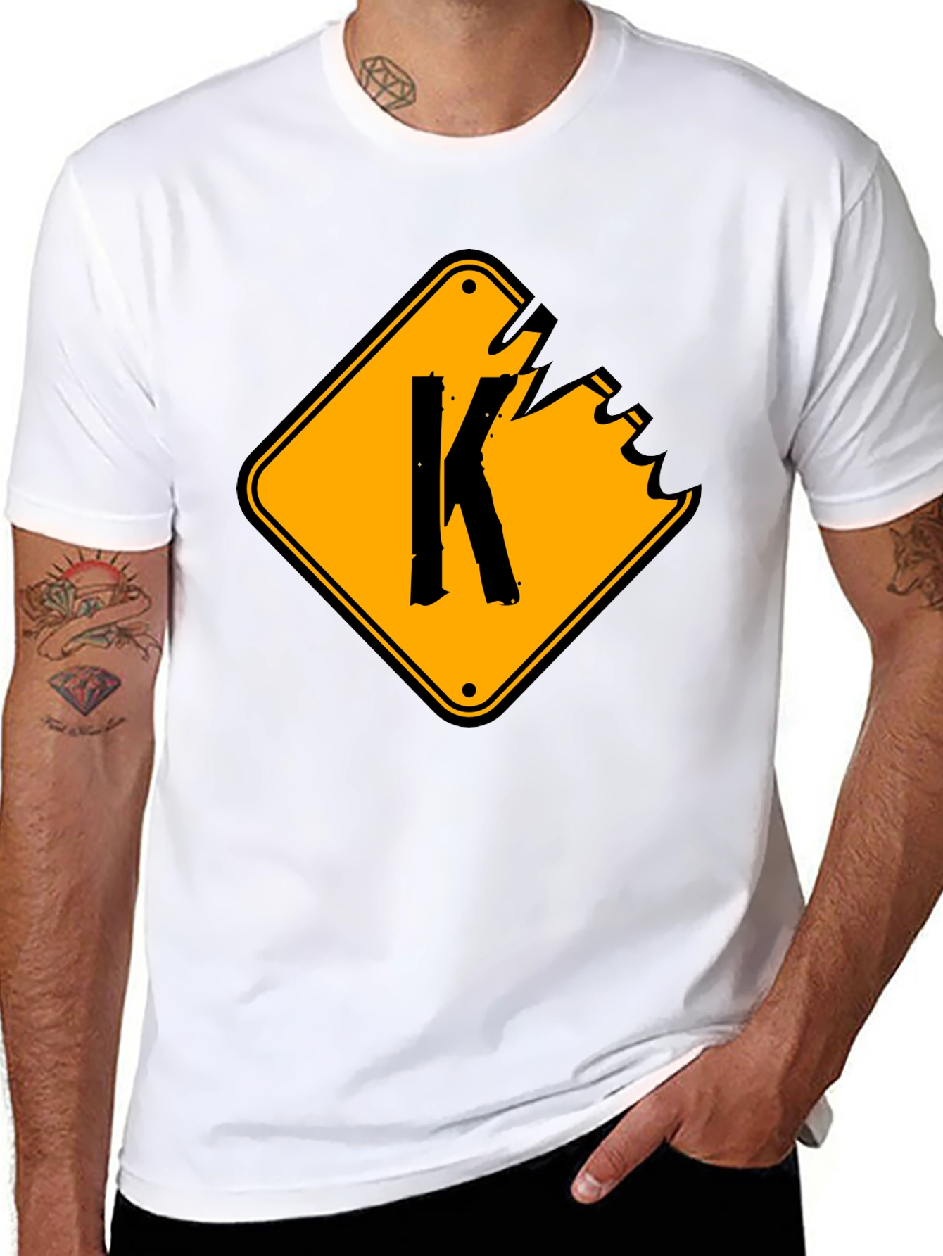 Black Men's Black Graphic T-Shirt with "K" Sign Design view 8