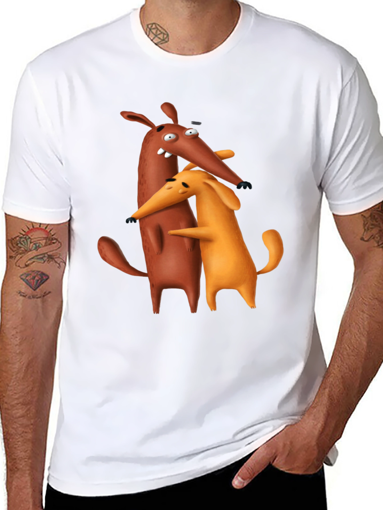 Black Cartoon Dog Hug Black T-Shirt view 8