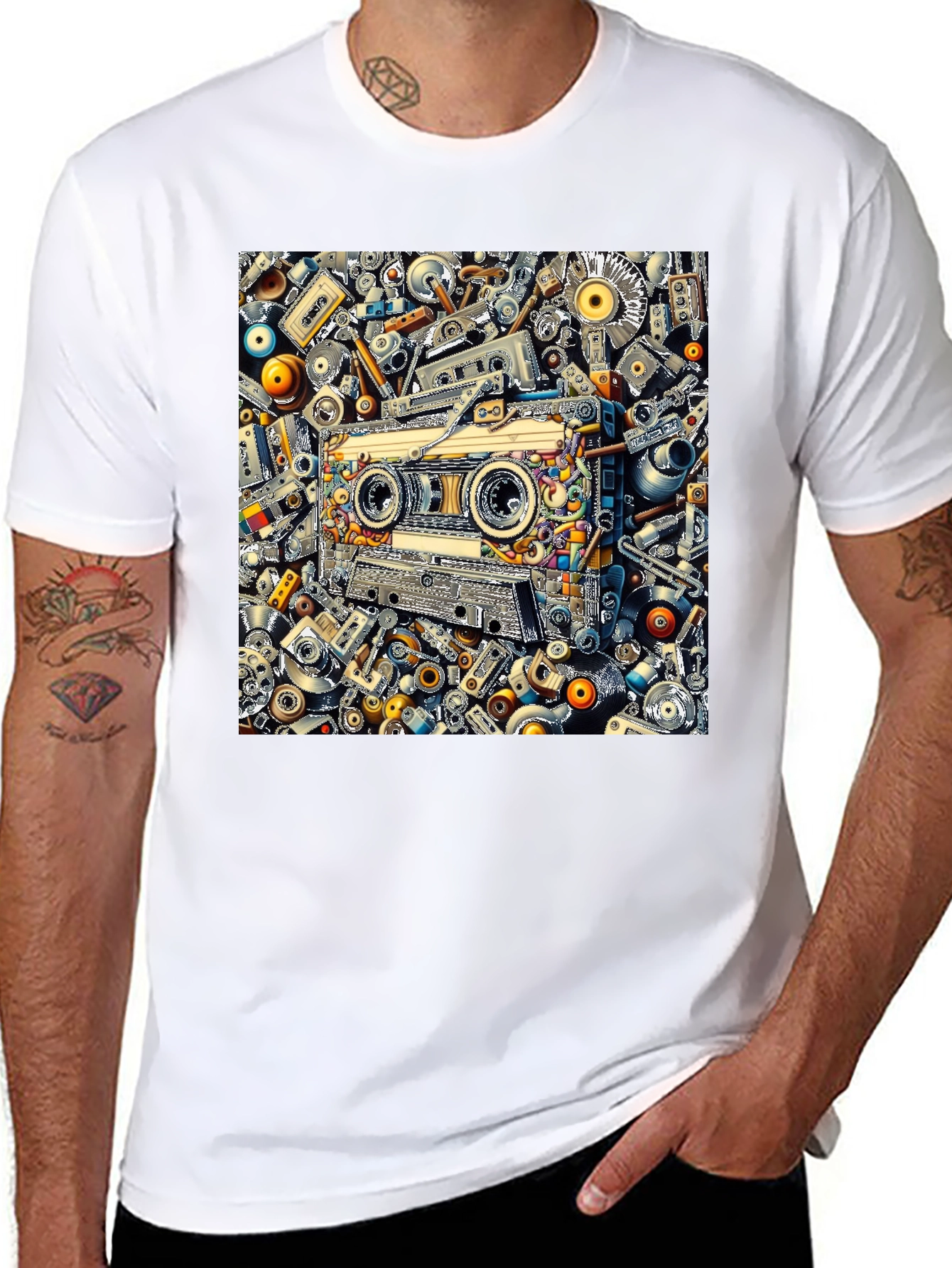Black Cassette Tape Collage Graphic Tee - Retro Style view 8