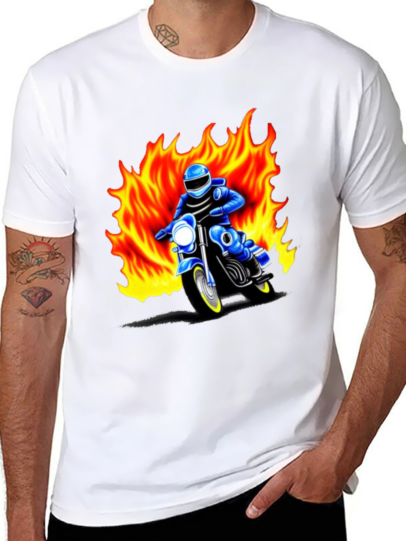 Black Men's Graphic T-Shirt - Motorcycle Rider in Flames view 8