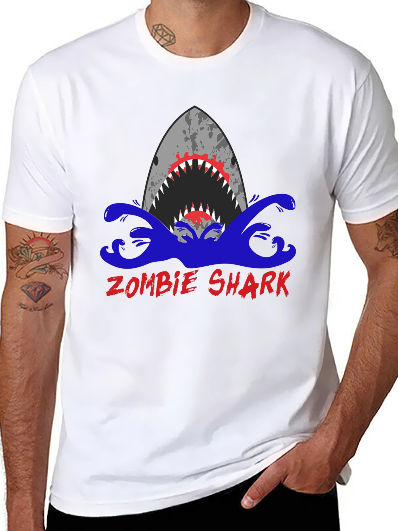 Black Zombie Shark Graphic Tee - Men's Black T-Shirt view 8
