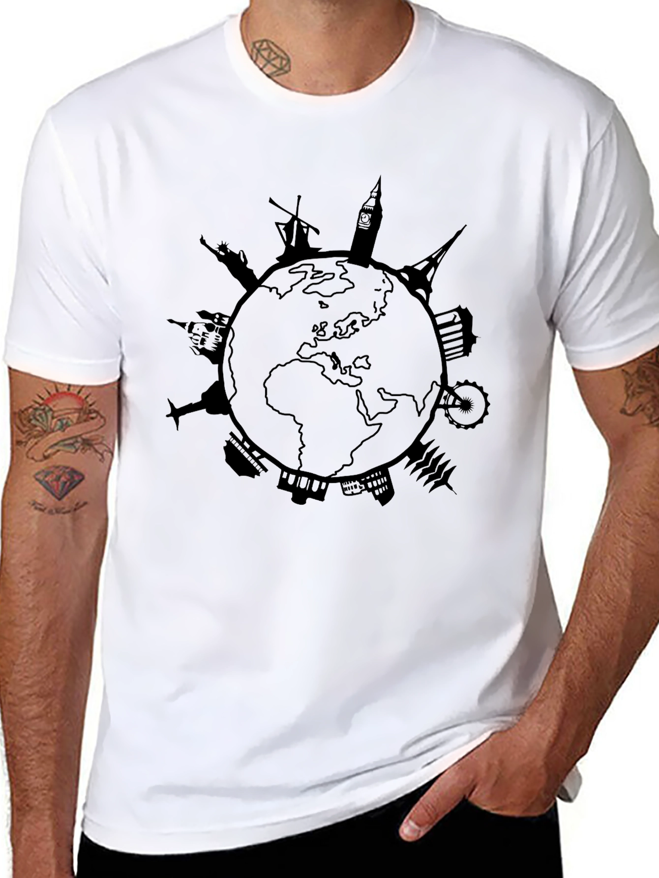 Black World Landmark T-Shirt - Travel Graphic Tee view 8