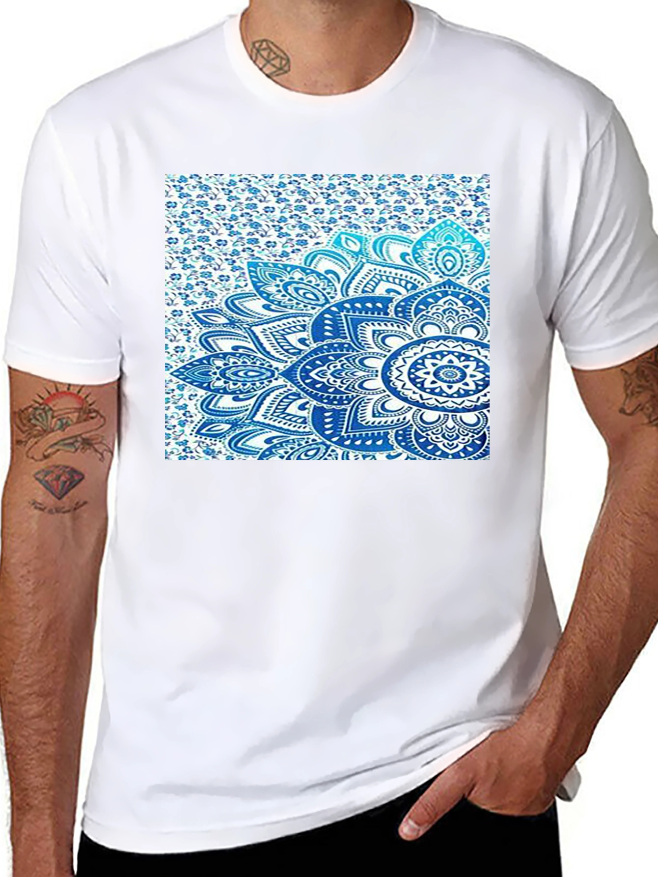Men's Black Tee with Blue Mandala Print - 8