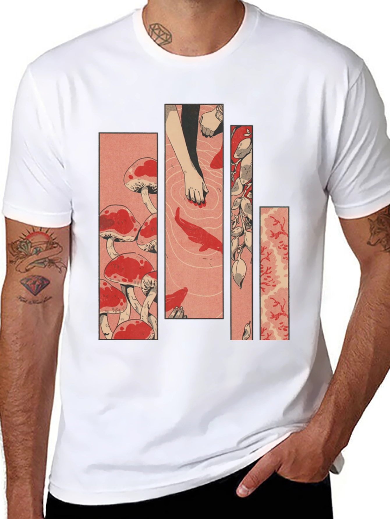Black Ukiyo-e Style Mushroom & Koi Pond Graphic Tee view 8