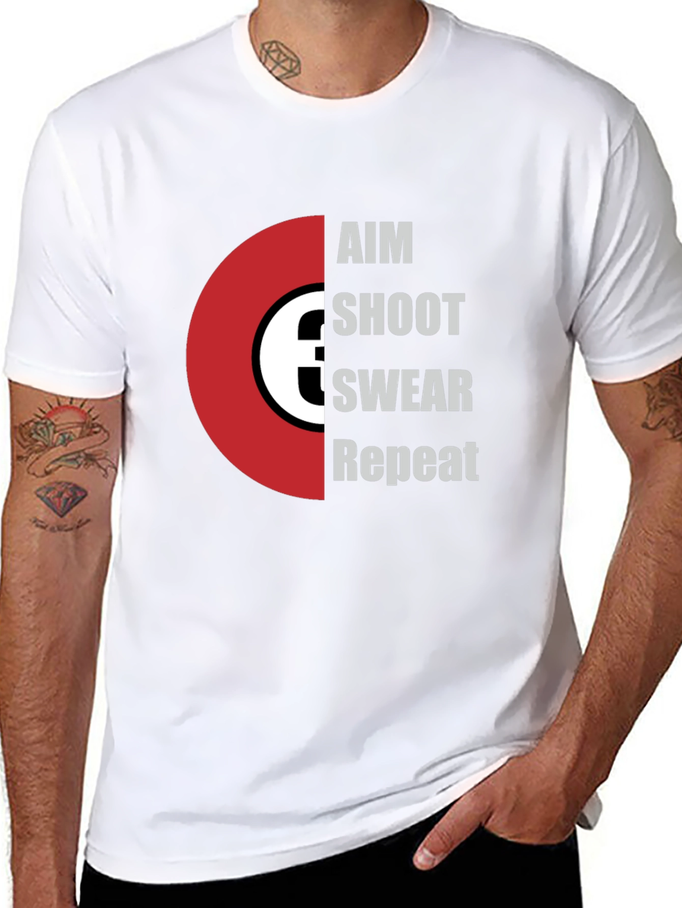 Black Aim Shoot Swear Repeat T-Shirt - Funny Gamer Tee view 8
