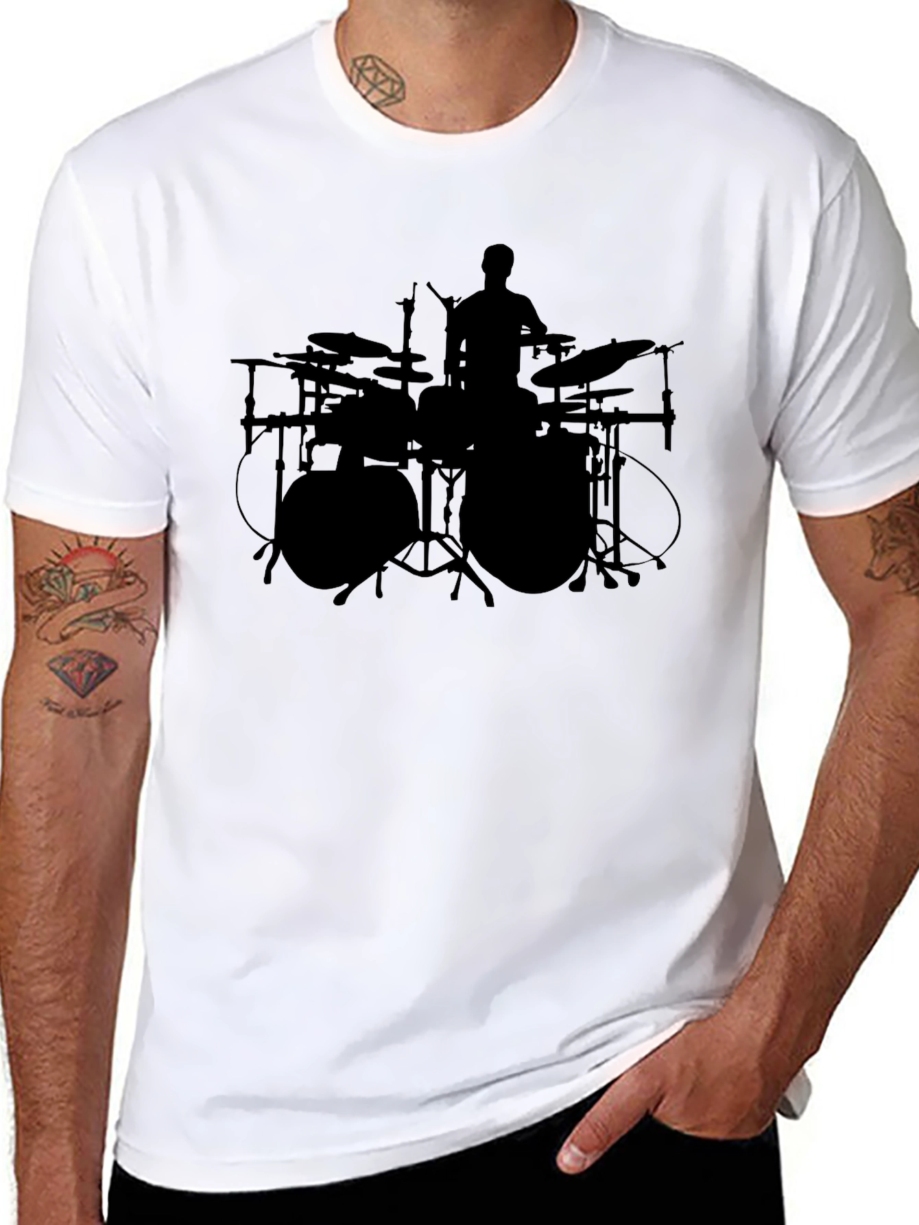 Black Drummer Silhouette Graphic Tee - Black Cotton Crew Neck view 8