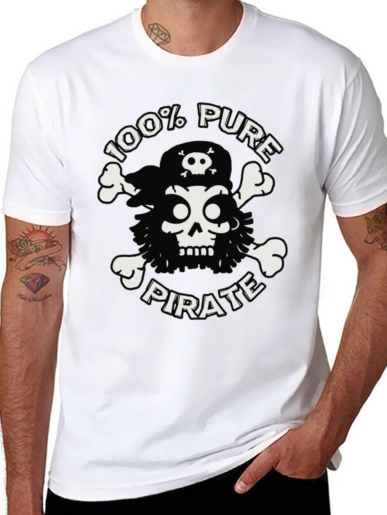 Black 100% Pure Pirate Skull & Crossbones Black T-Shirt view 8