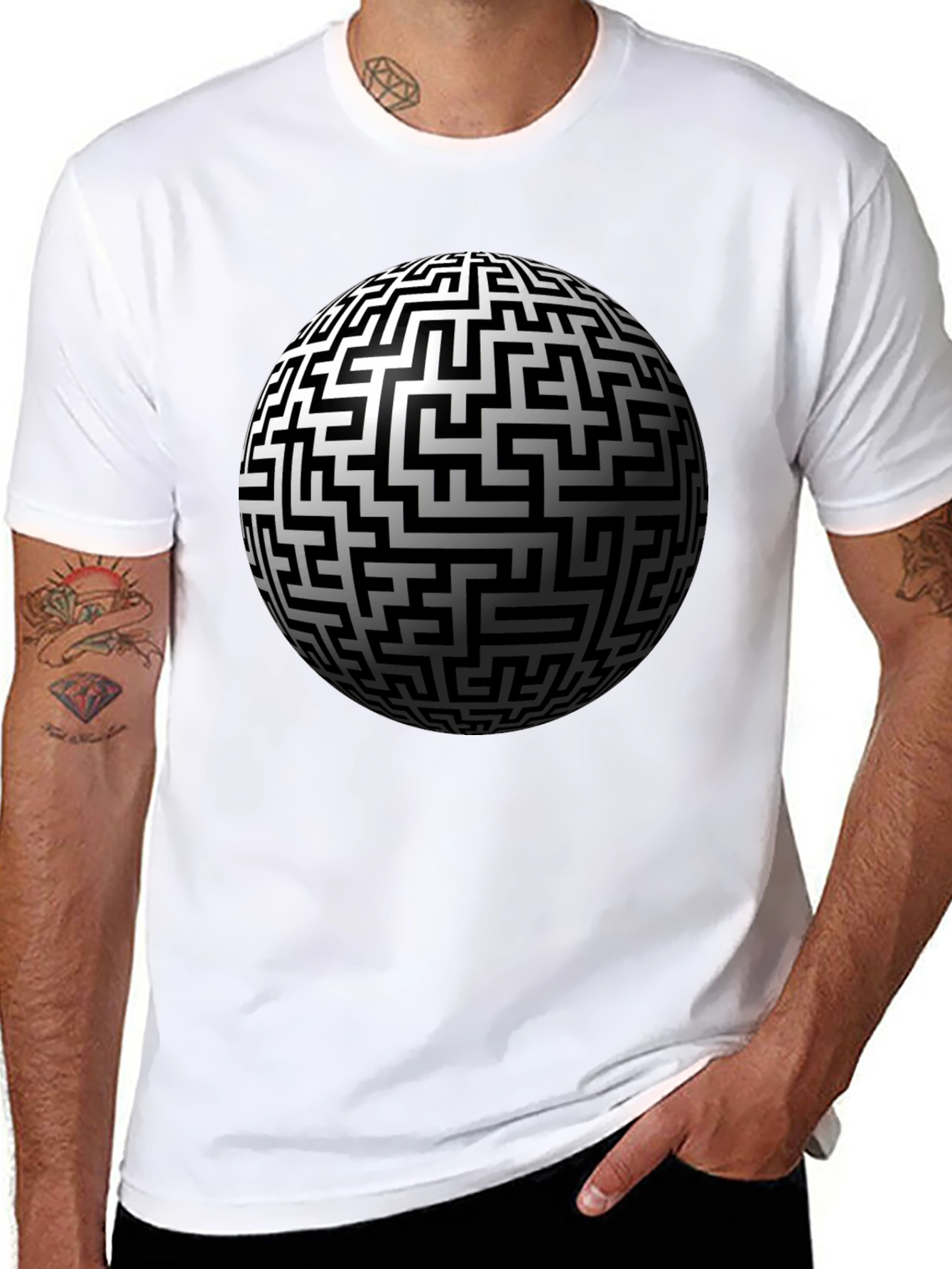 Black Maze Sphere Graphic Tee - Black Cotton Casual Wear view 8