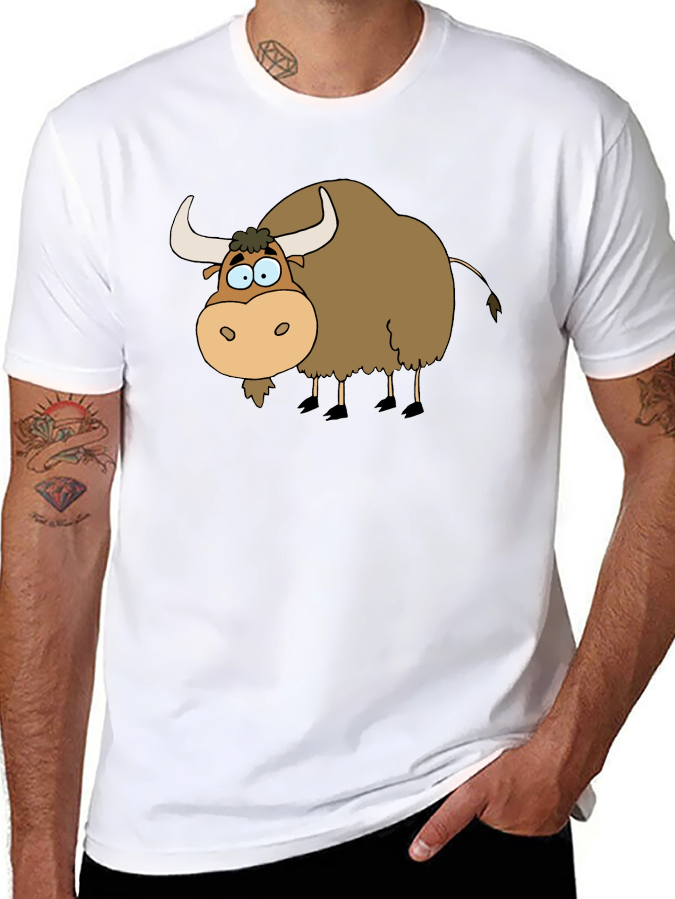 Black Cartoon Yak Graphic Tee - Black Cotton T-Shirt view 8