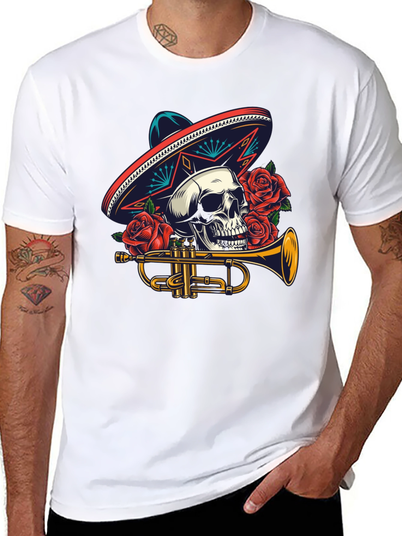 Black Skull Sombrero Trumpet Graphic Tee view 8