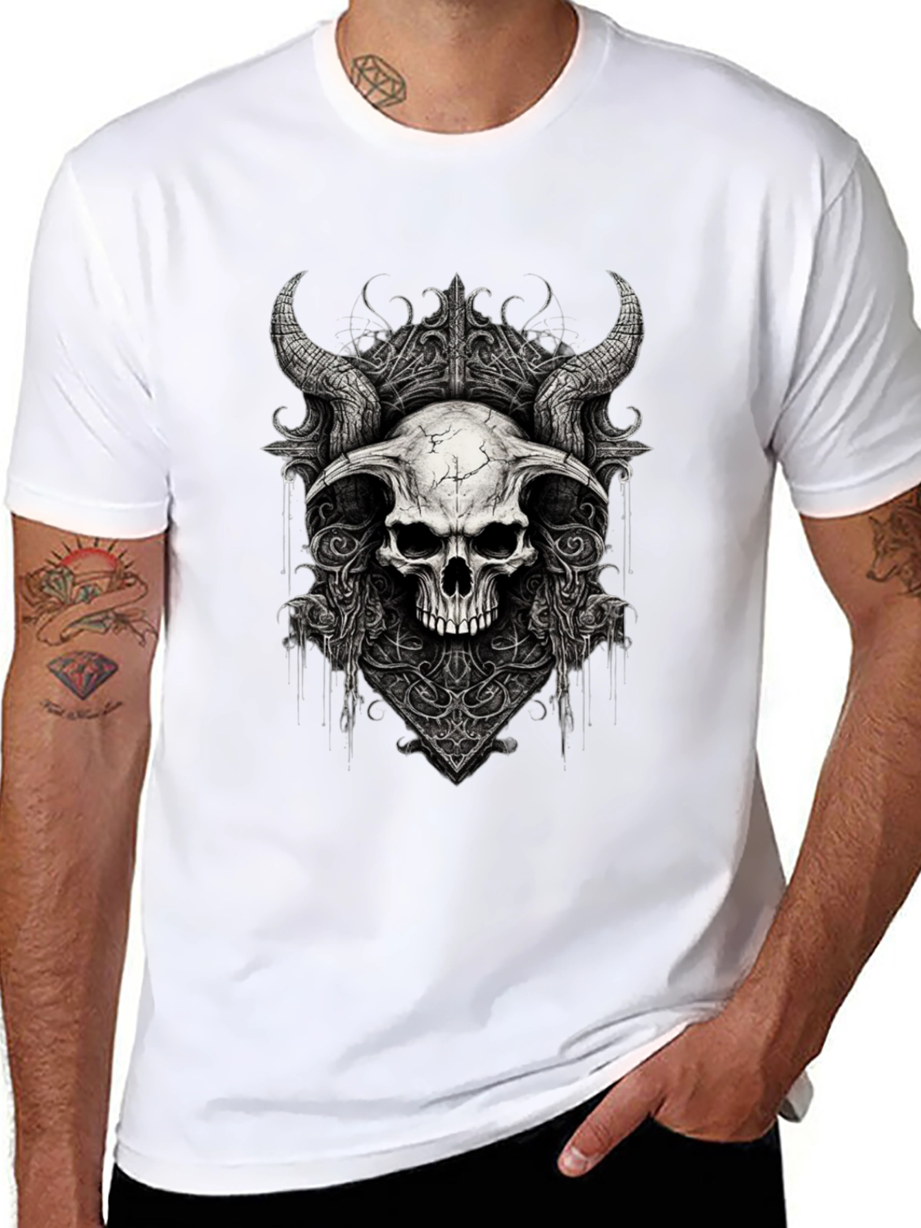 Black Black Skull Horns Graphic Tee view 8
