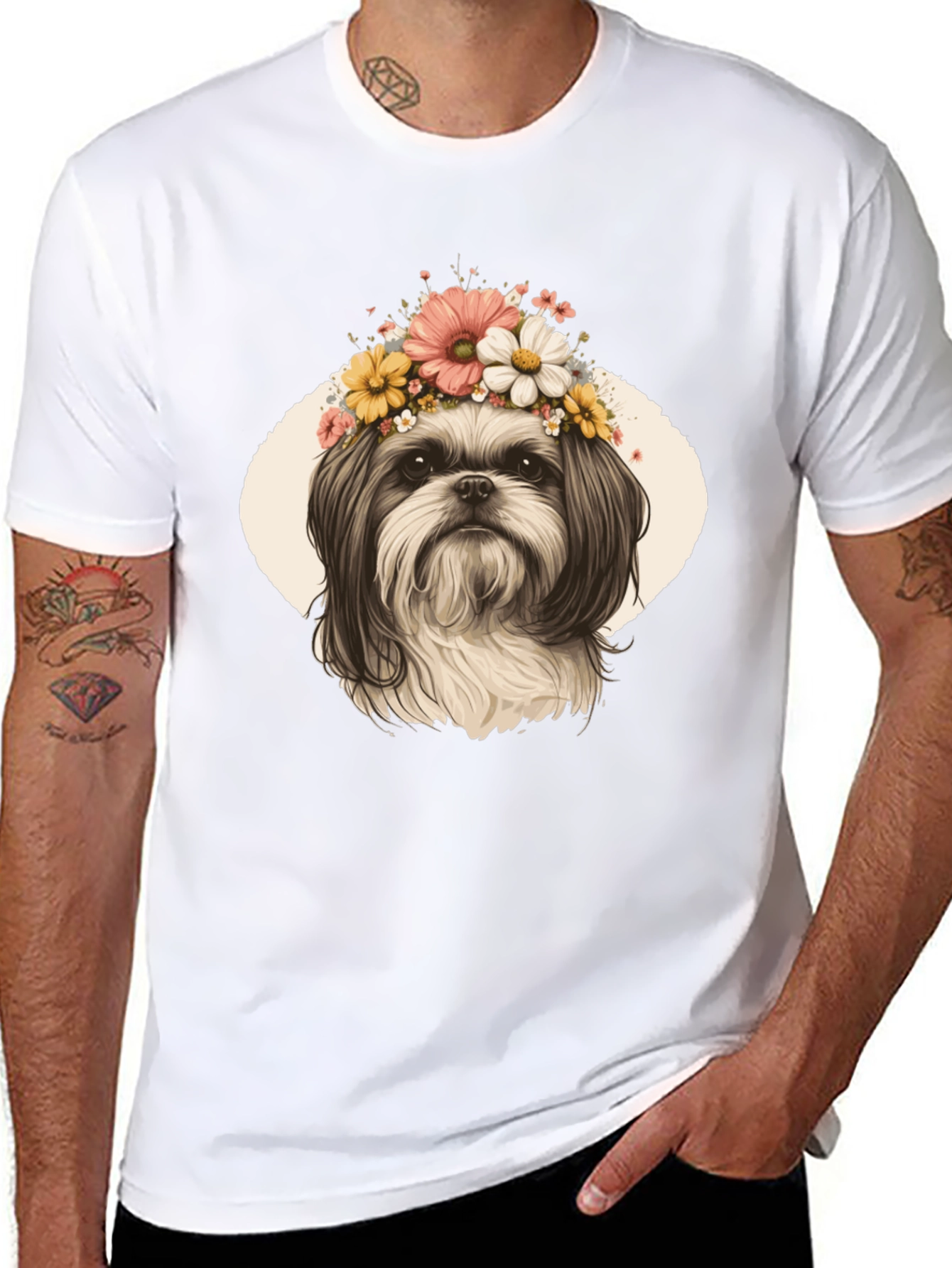 Black Dog with Flower Crown Graphic T-Shirt view 8