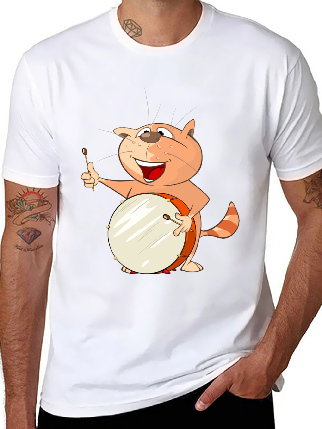 Black Funny Cat Drummer T-Shirt view 8