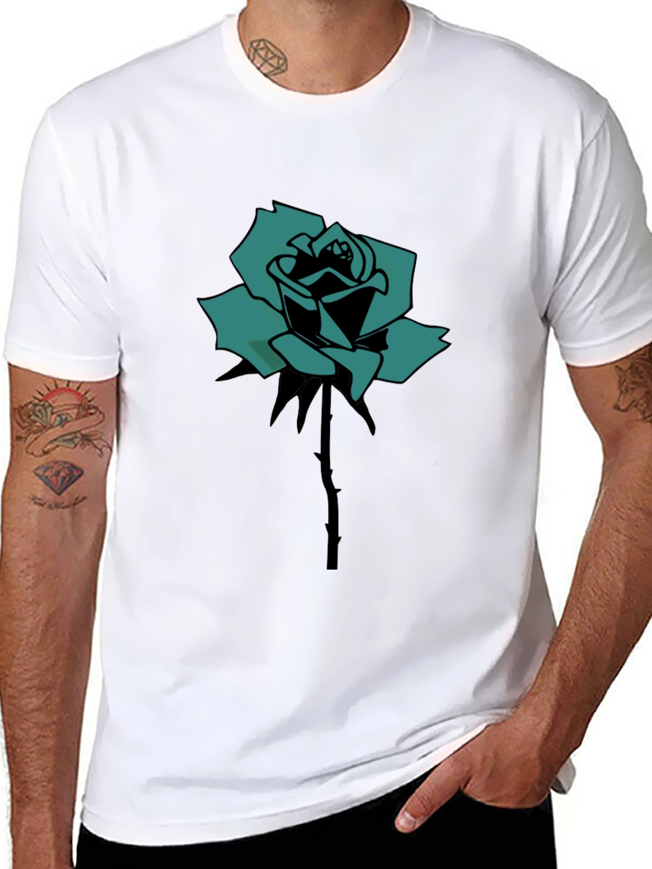 Black Black T-Shirt with Teal Rose Print view 8