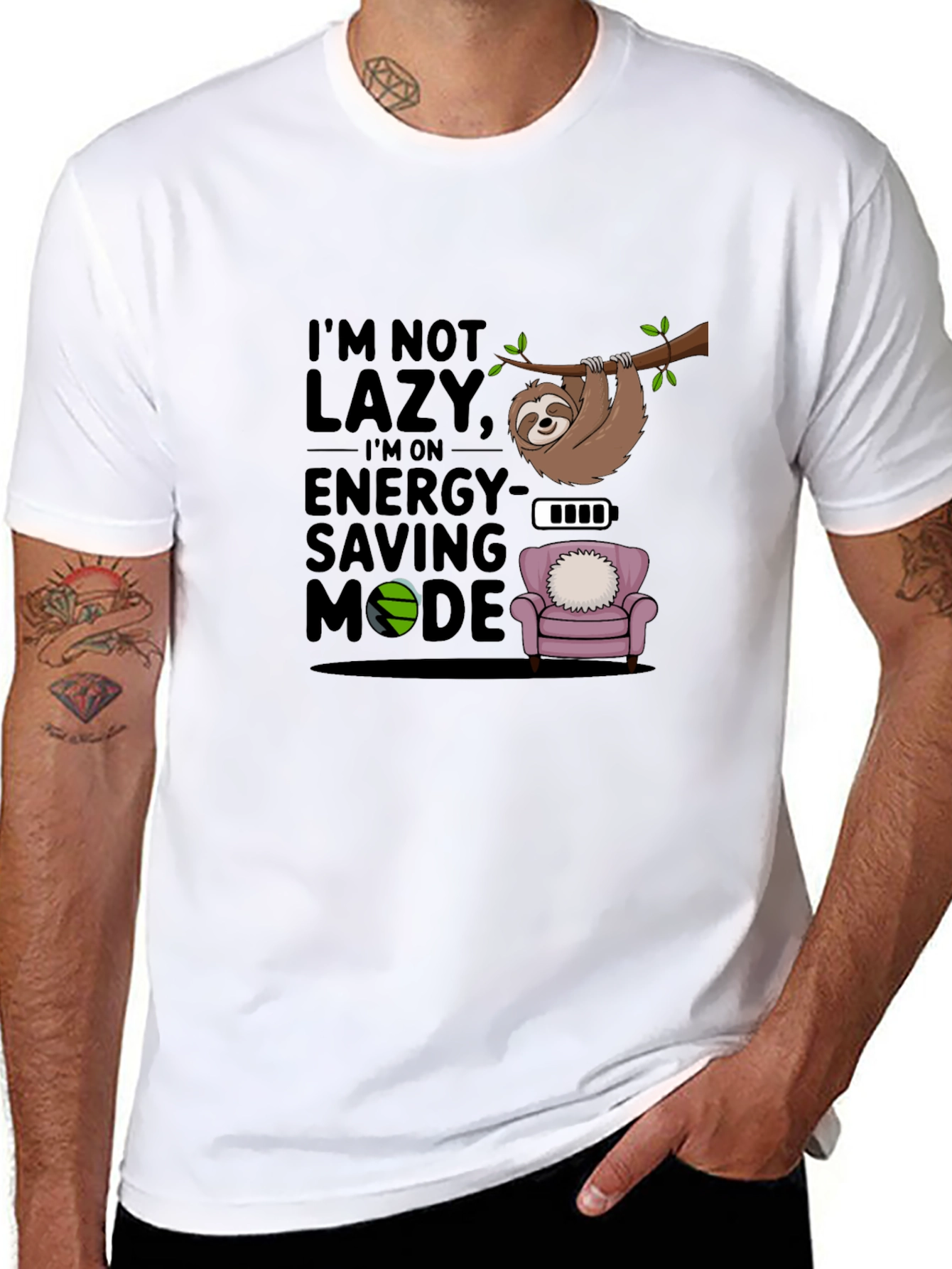 Black I'm Not Lazy T-Shirt, Sloth Energy Saving Mode Tee view 8