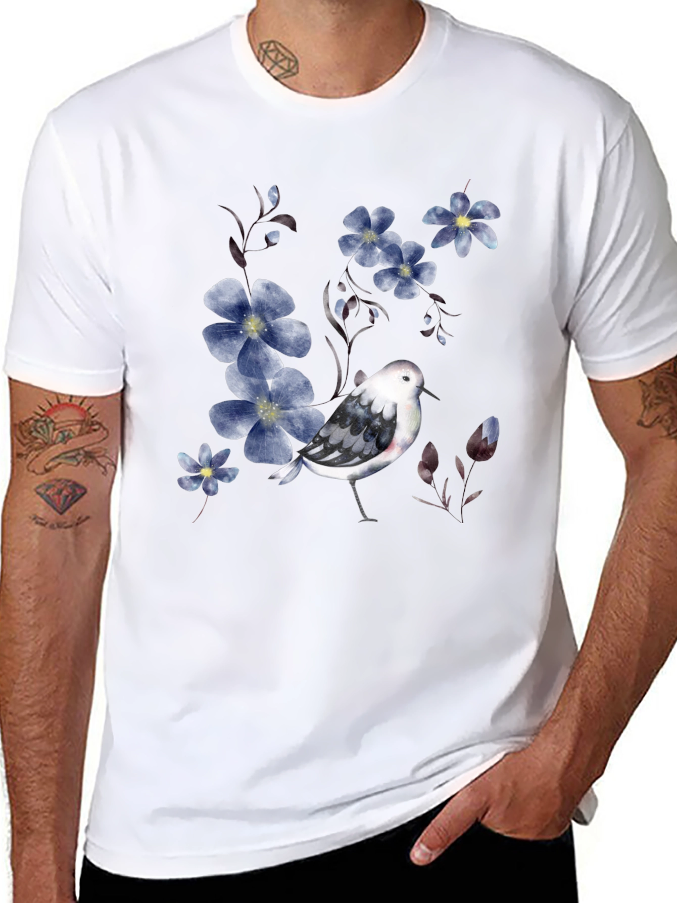 Black Floral Bird Print Black T-Shirt view 8