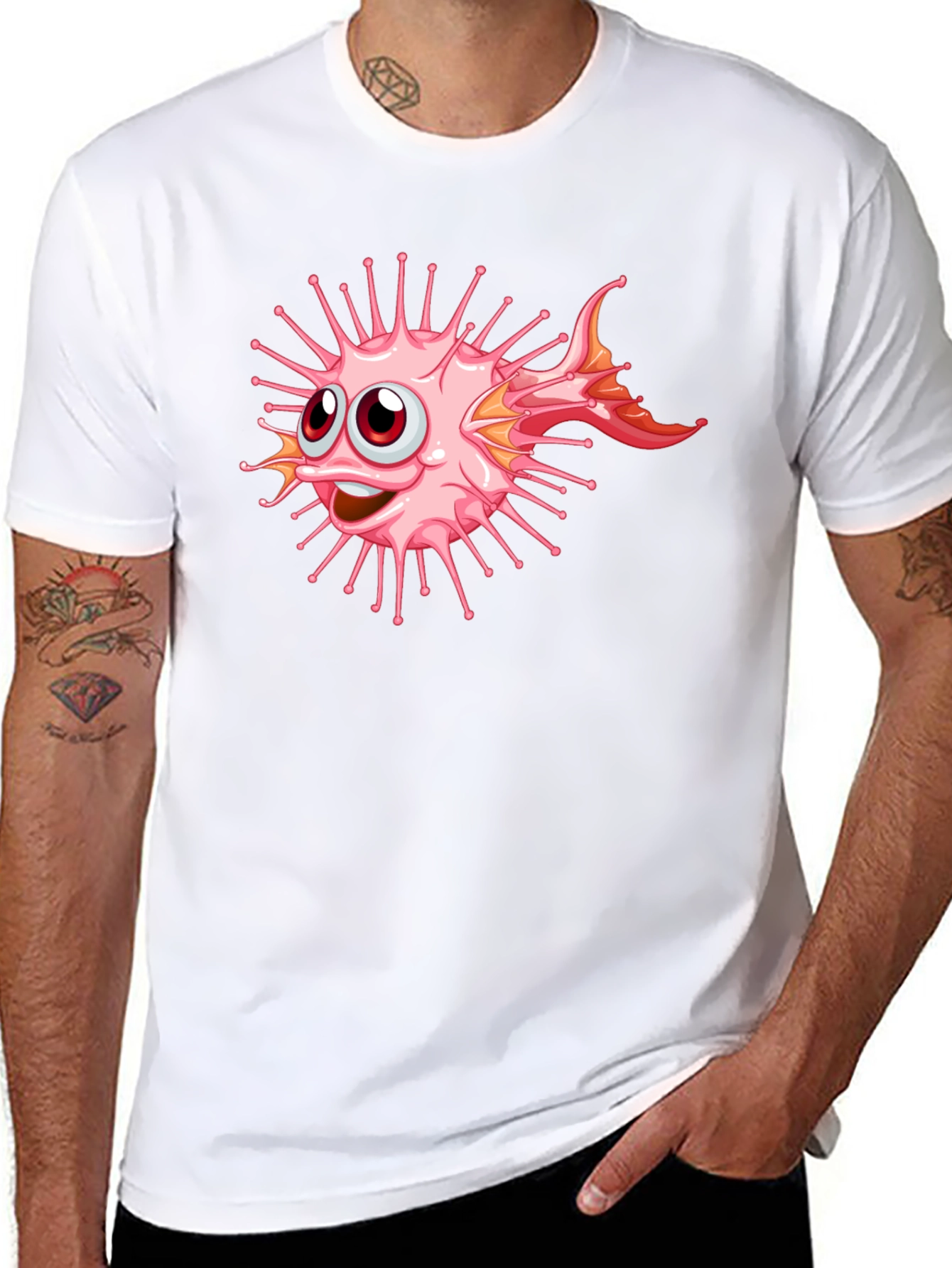 Black Cartoon Pufferfish Graphic Black T-Shirt view 8
