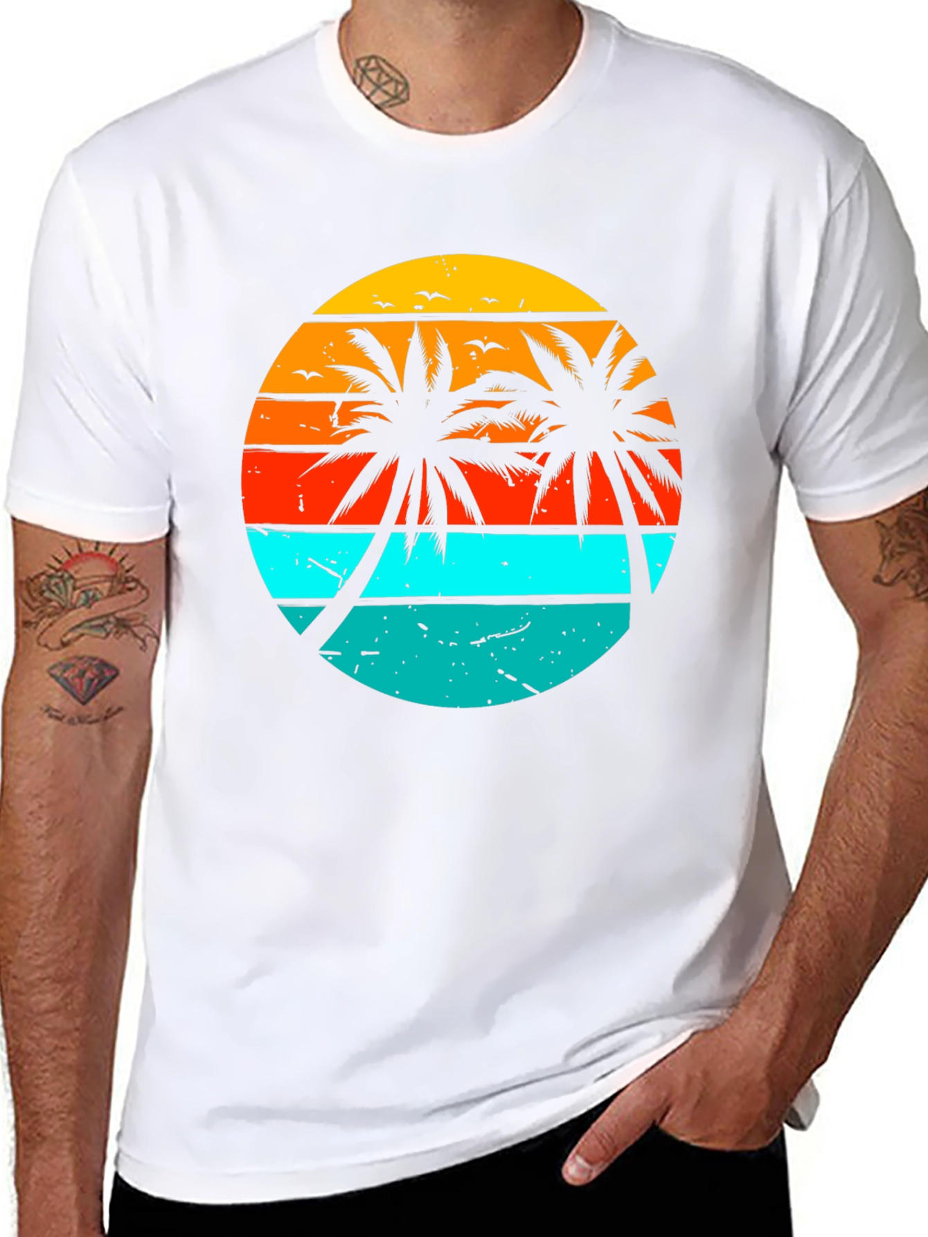 Black Retro Sunset Palm Tree Graphic T-Shirt view 8