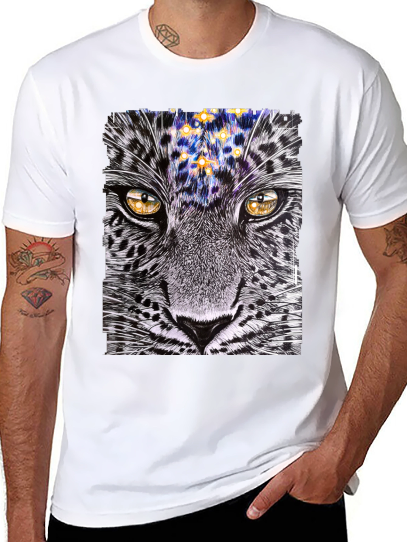 Black Leopard Stargazer Graphic T-Shirt - Unique Animal Print Tee view 8